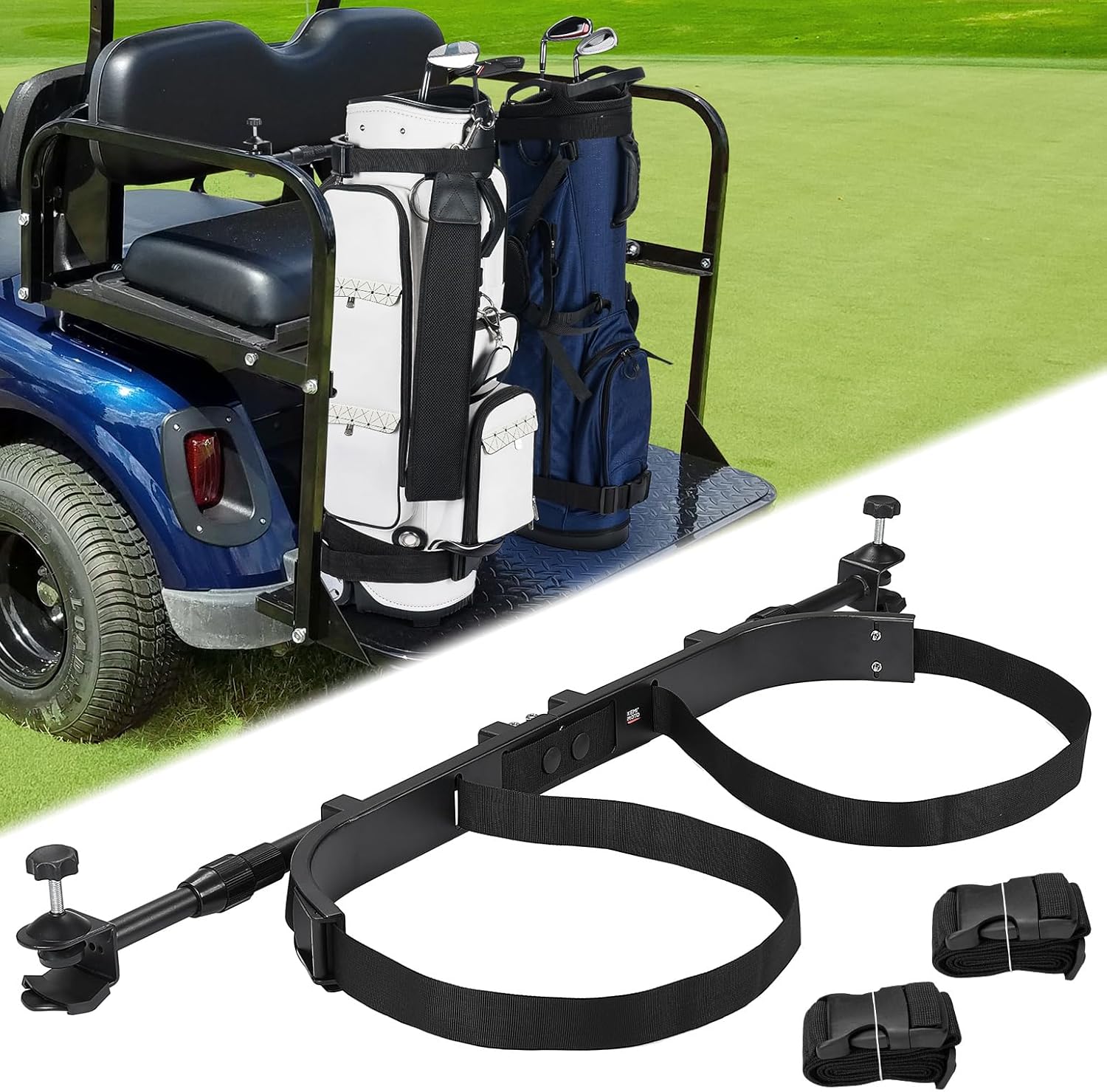 KEMIMOTO Golf Cart Bag Holder Bracket, Fit for Most 2+2 Seat Golf Carts | No Drilling Adjustable Metal Golf Cart Bag Attachment, Compatible with EZGO