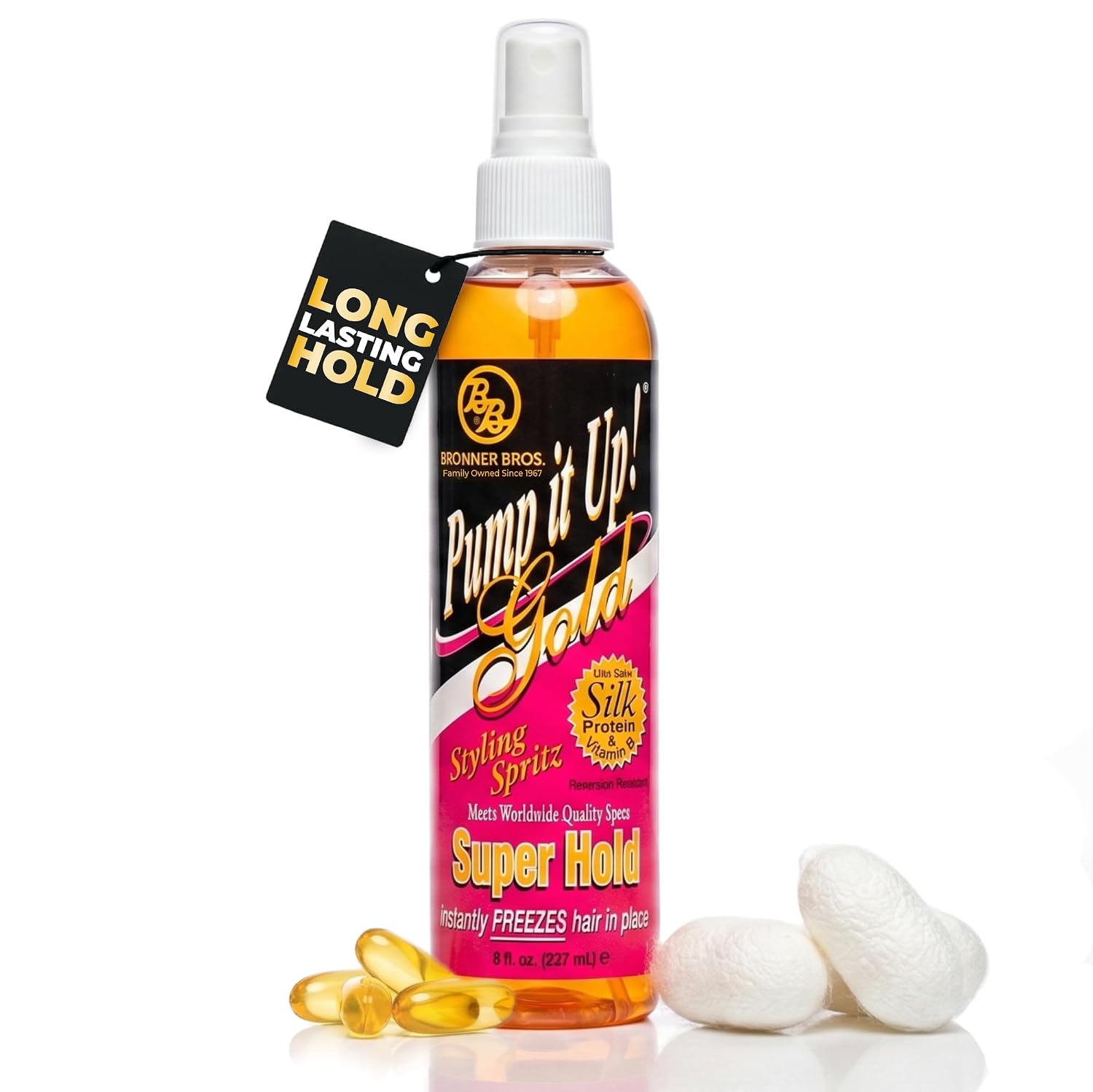 Bronner Bros Pump It Up Gold Styling Spritz, Super Hold Hairspray, 8oz | For Styling & Finishing, Fast-Drying Hair Spray