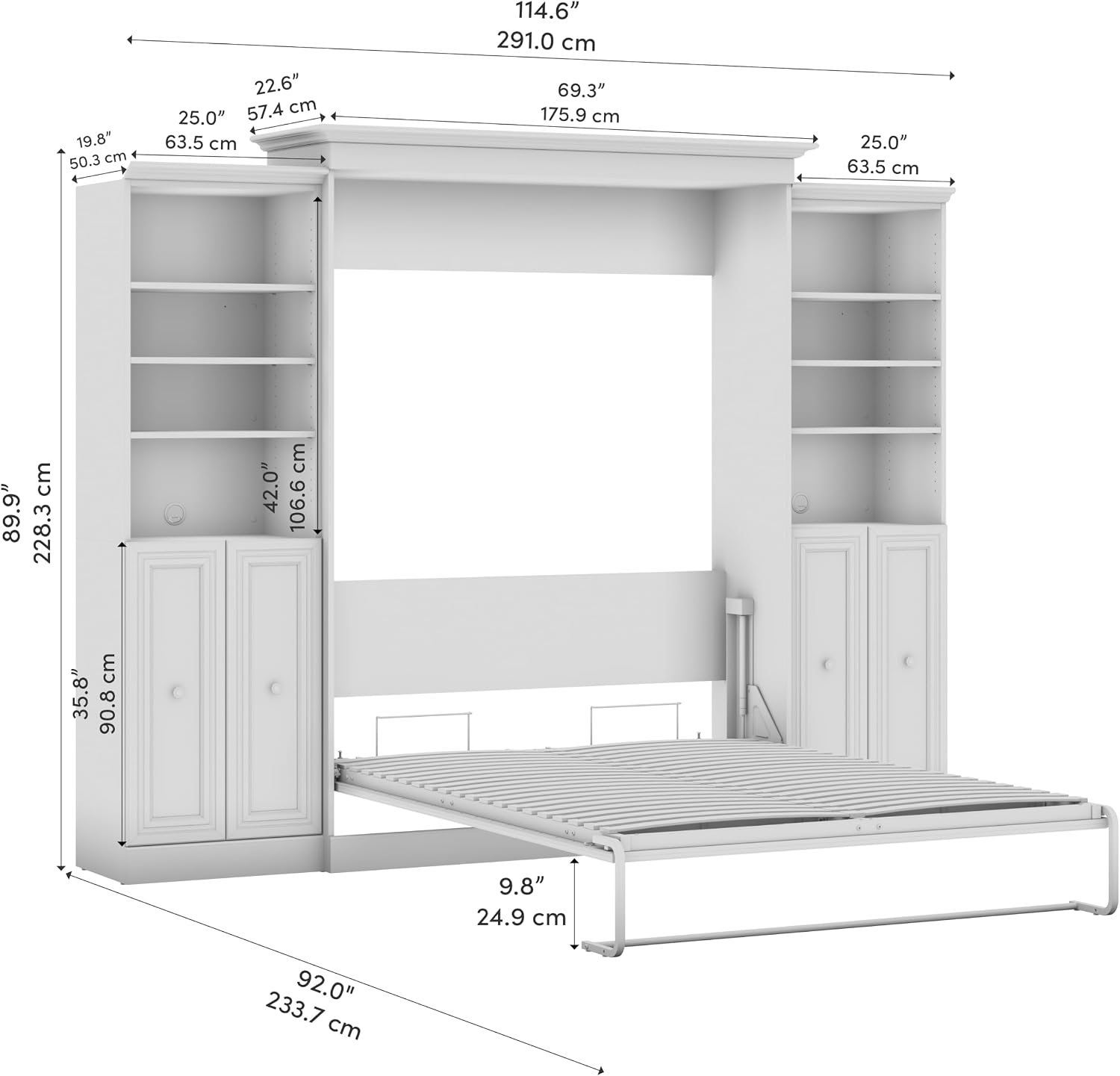 Bestar Versatile Queen Murphy Bed and 2 Closet Organizers with Doors (115W) in White