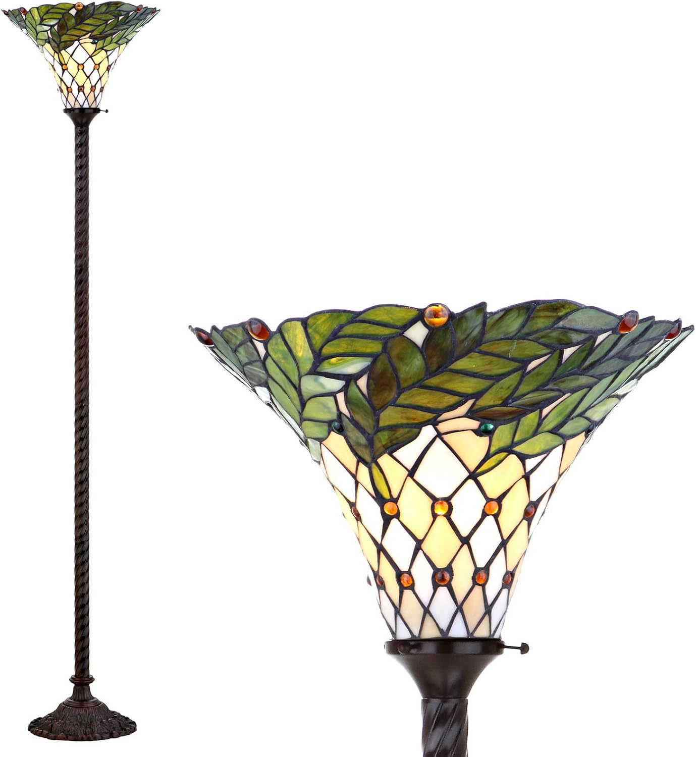 JONATHAN Y 71" Botanical Tiffany-Style Metal Torchiere Floor Lamp, Bronze | Handcrafted Stained Glass Bowl Shade, Traditional Standing Uplight