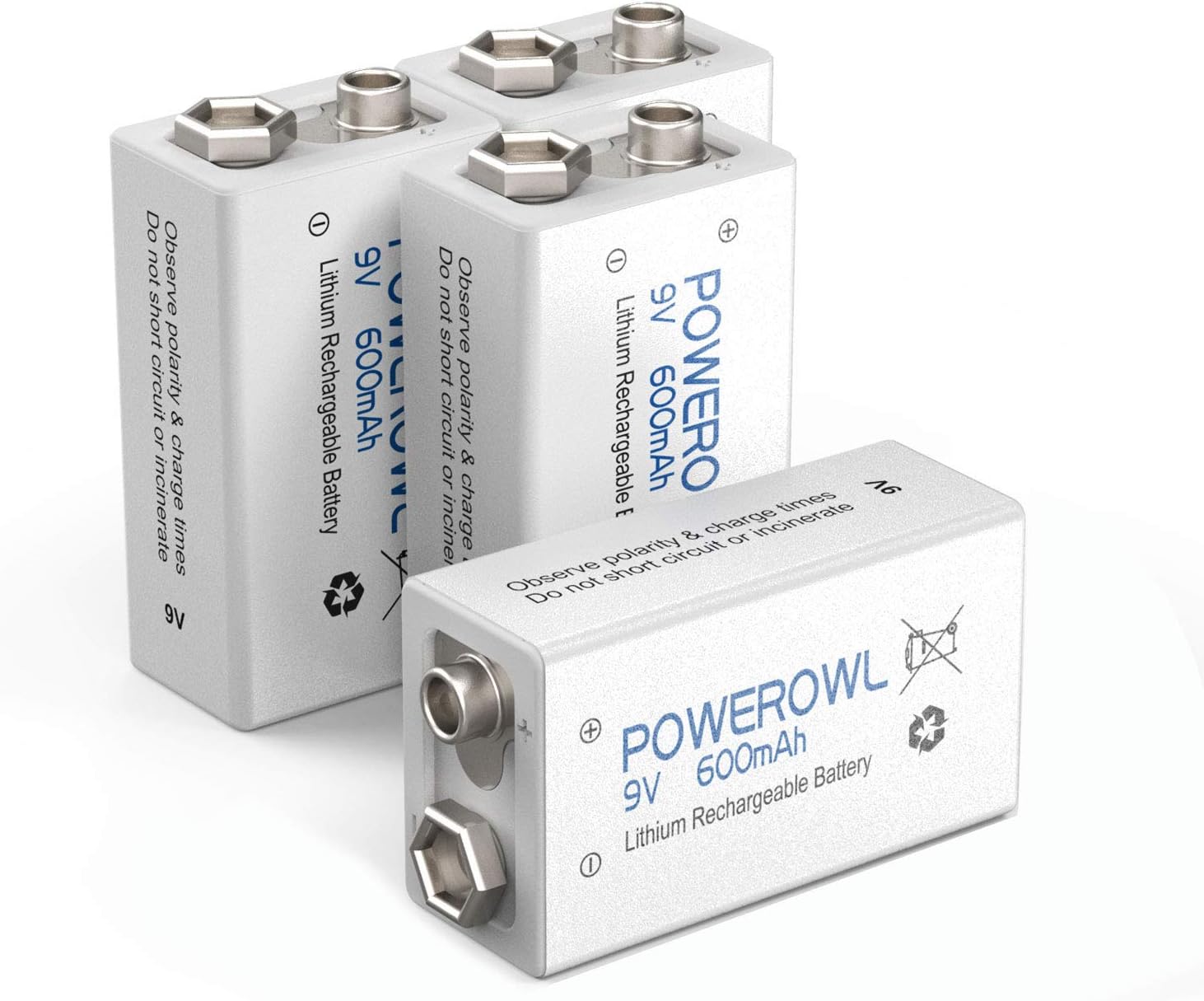 POWEROWL 9V Rechargeable Batteries 600mAh Lithium-ion Low Self Discharge Battery for Smoke Dectector and More 4 Pack