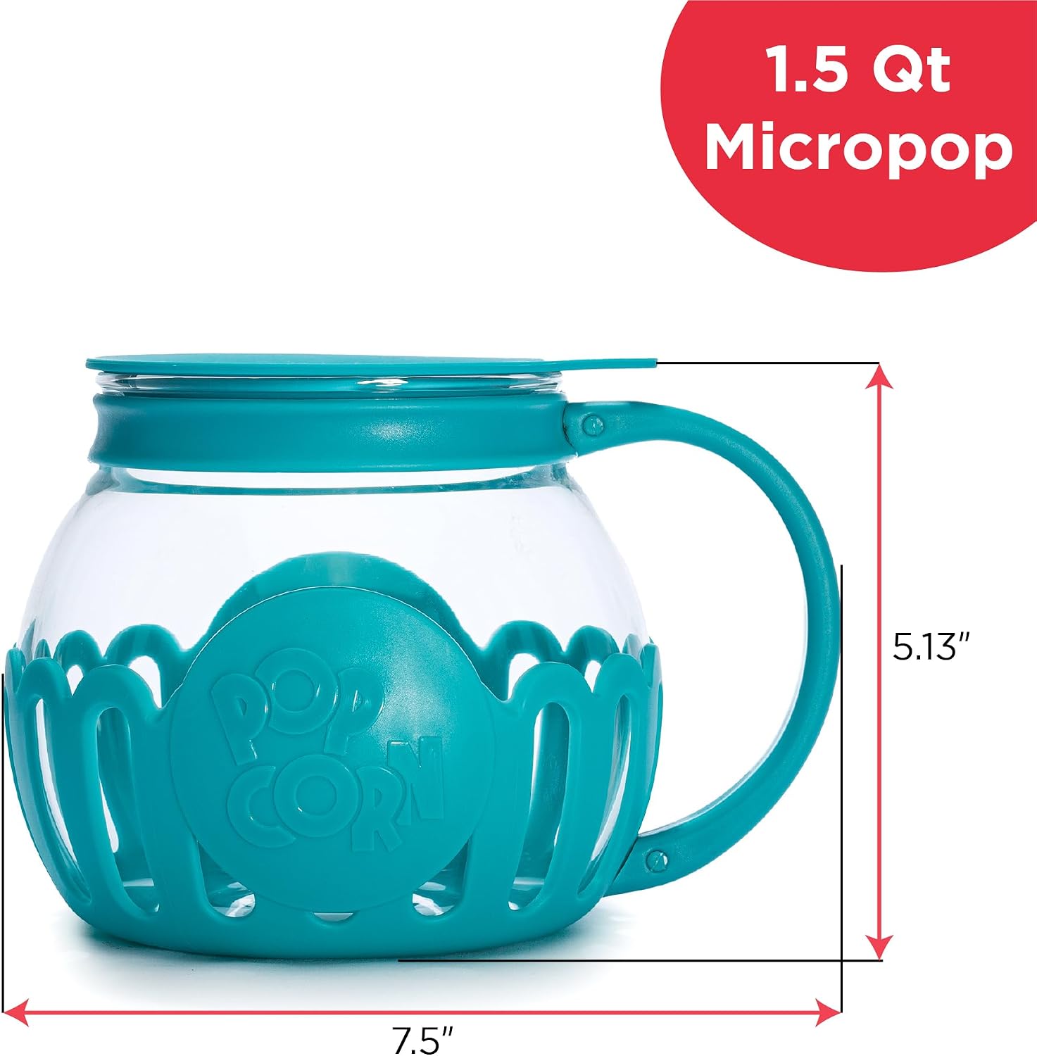 Ecolution Patented Micro-Pop Microwave Popcorn Popper with Temperature Safe Glass, 3-in-1 Lid Measures Kernels and Melts Butter, Made Without BPA, Dishwasher Safe, 3-Quart, Red