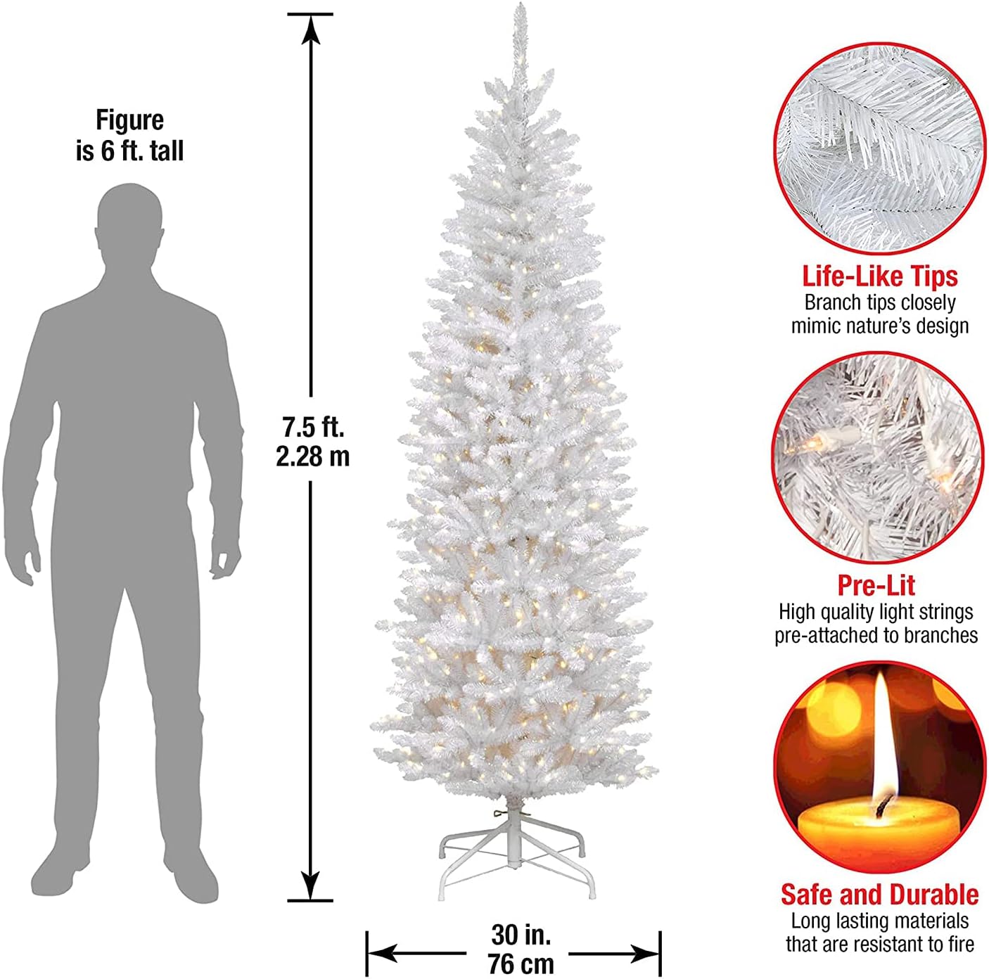 National Tree Company 7.5ft Pre-Lit Kingswood Fir Slim Christmas Tree | 350 Clear Lights, 1,075 Tips, Includes Stand, Artificial, White