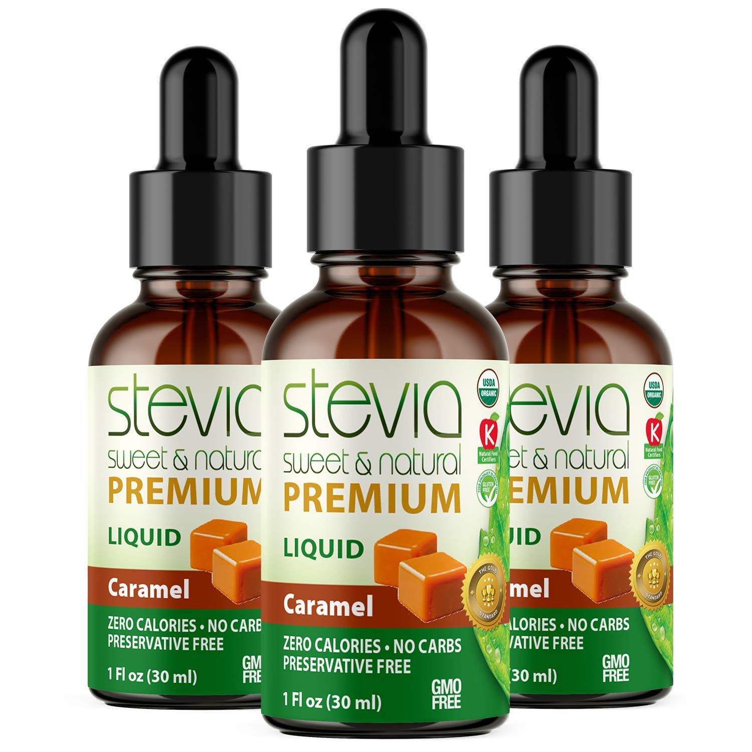 Caramel Premium Quality Stevia Drops. Organic Liquid Stevia, Sugar Substitute, Naturally Sweet, Non-Bitter, 0 Calorie, 0 Carb, NON-GMO