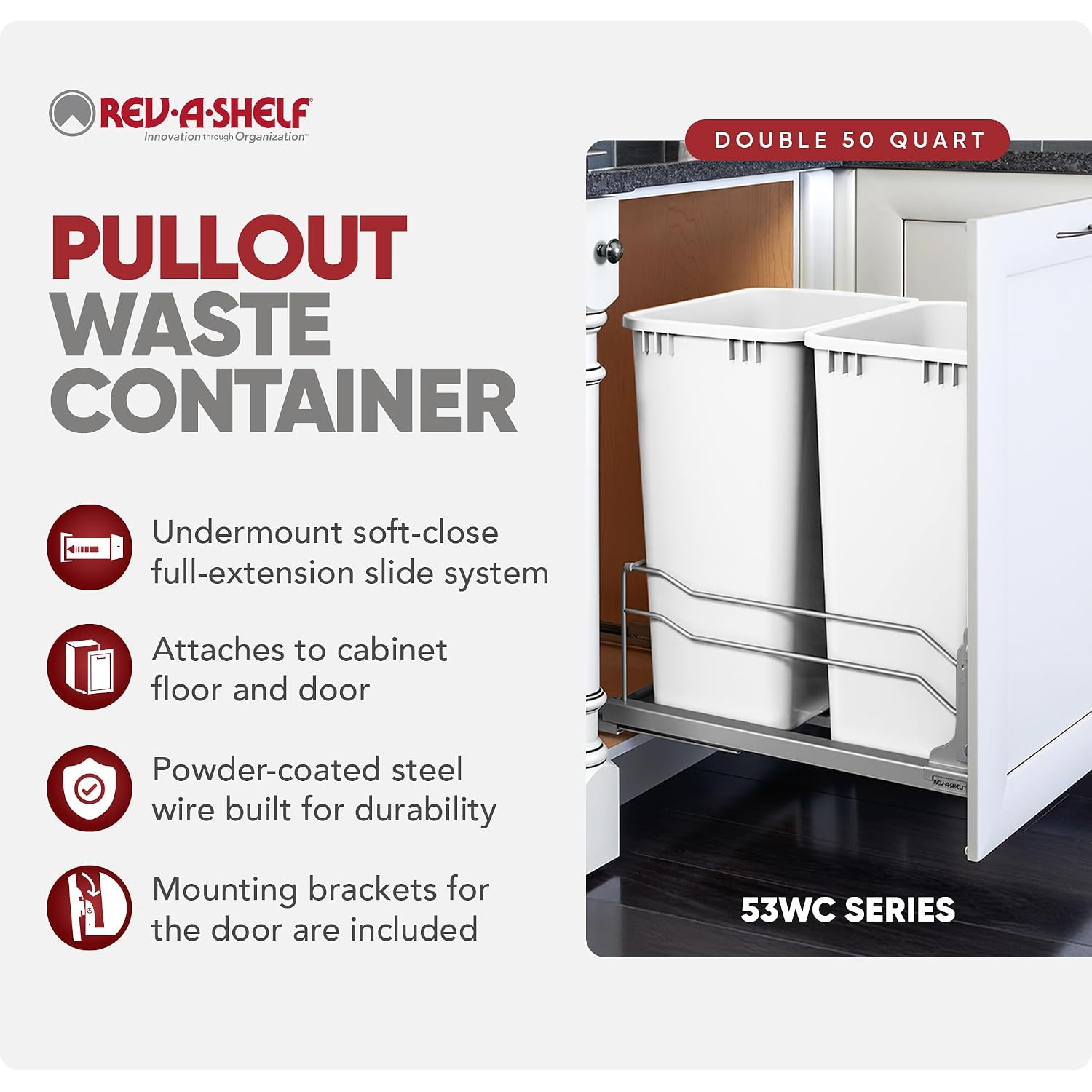 Rev-A-Shelf Double Pullout Trash Can w/Soft-Close Slides, 14.5" Min Opening | Large Capacity Garbage/ Recycling Bins for Full Height Kitchen Cabinets, Heavy Gauge Wire Construction, 53WC-2150SCDM-217