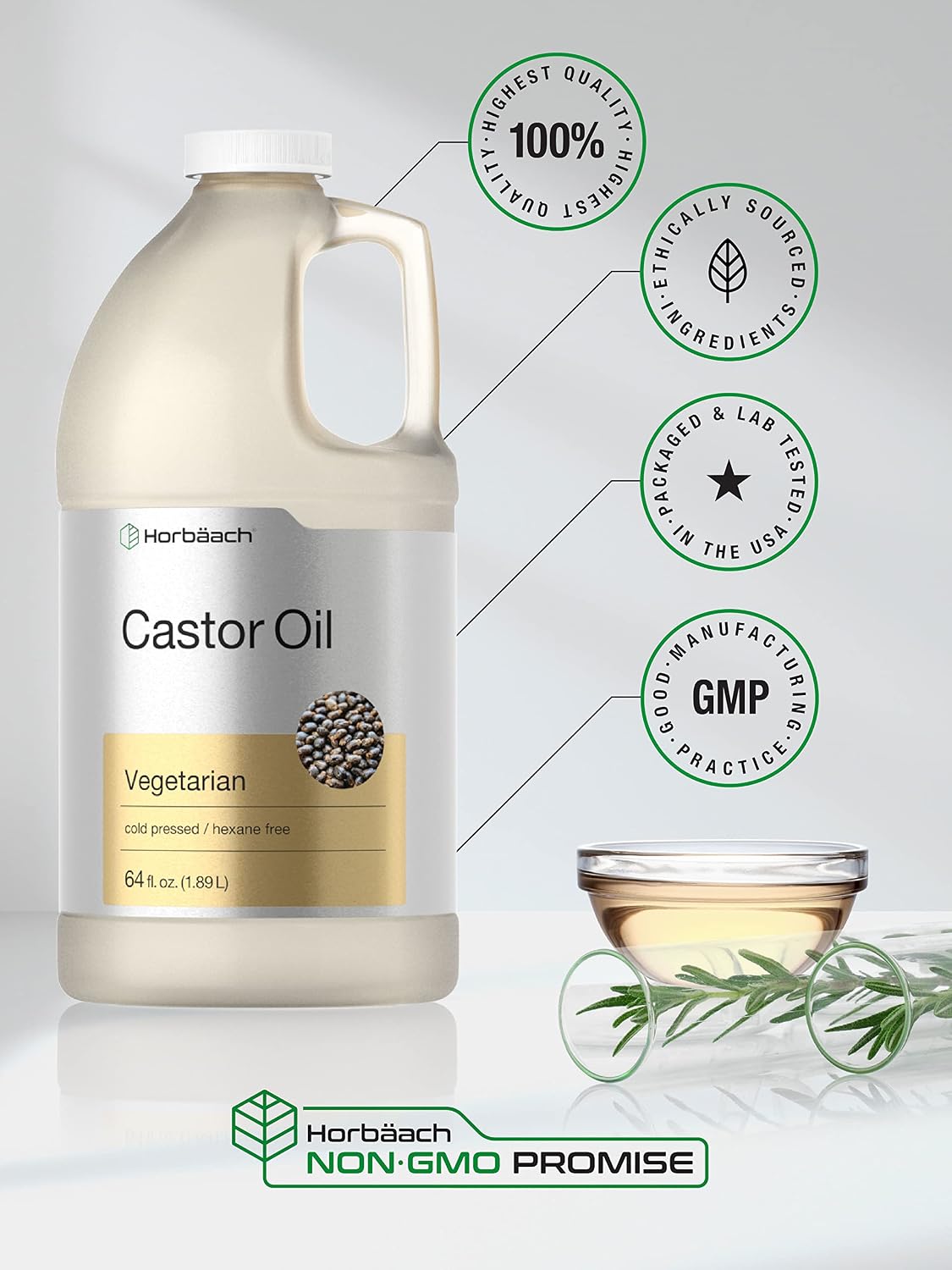 Horbäach Castor Oil 64 oz | For Hair, Eyelashes & Eyebrows | Hexane Free and Cold Pressed | Vegetarian, Non-GMO