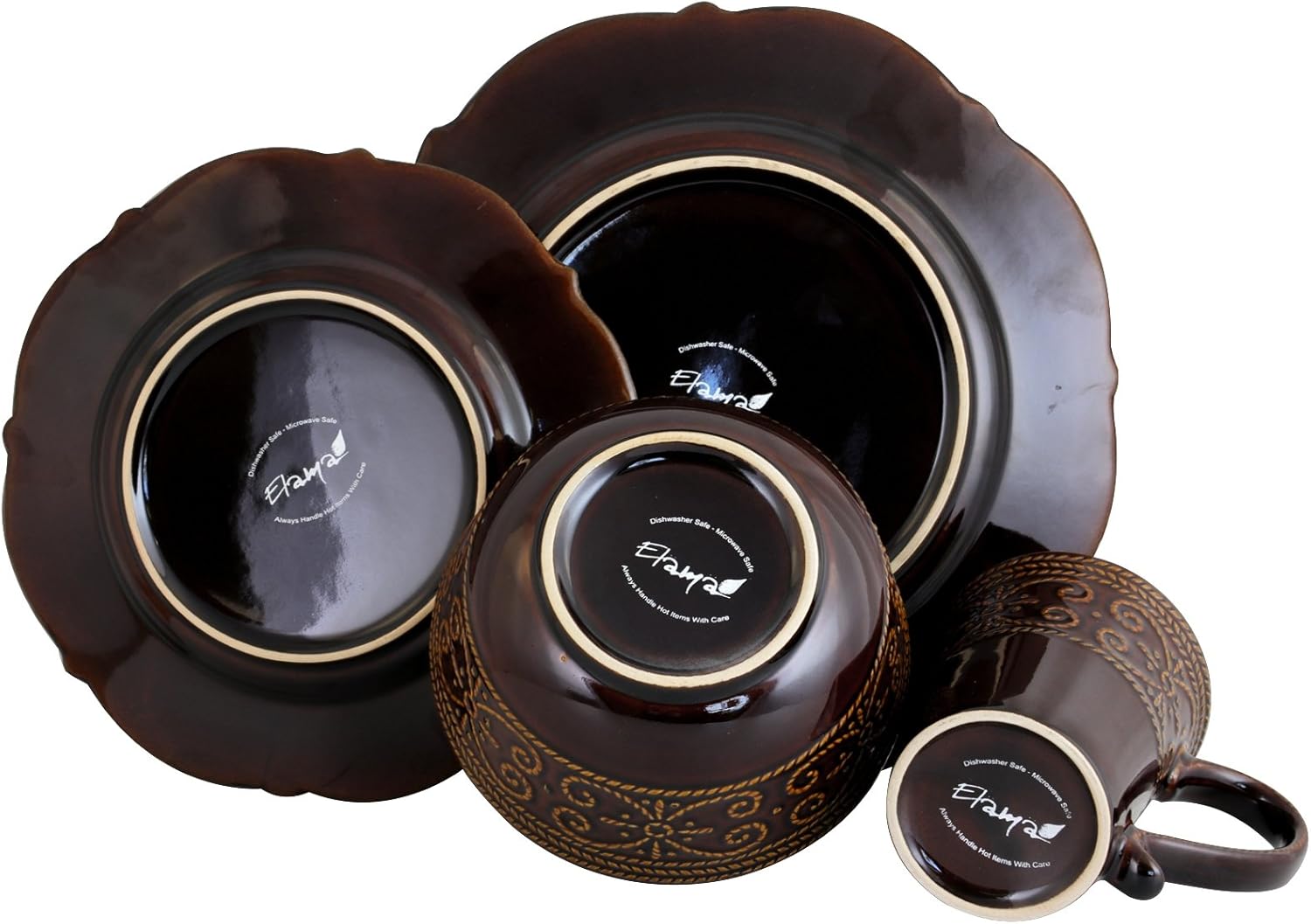 Elama Round Decorated Stoneware Scallop Embossed Dinnerware Dish Set, 16 Piece, Luna