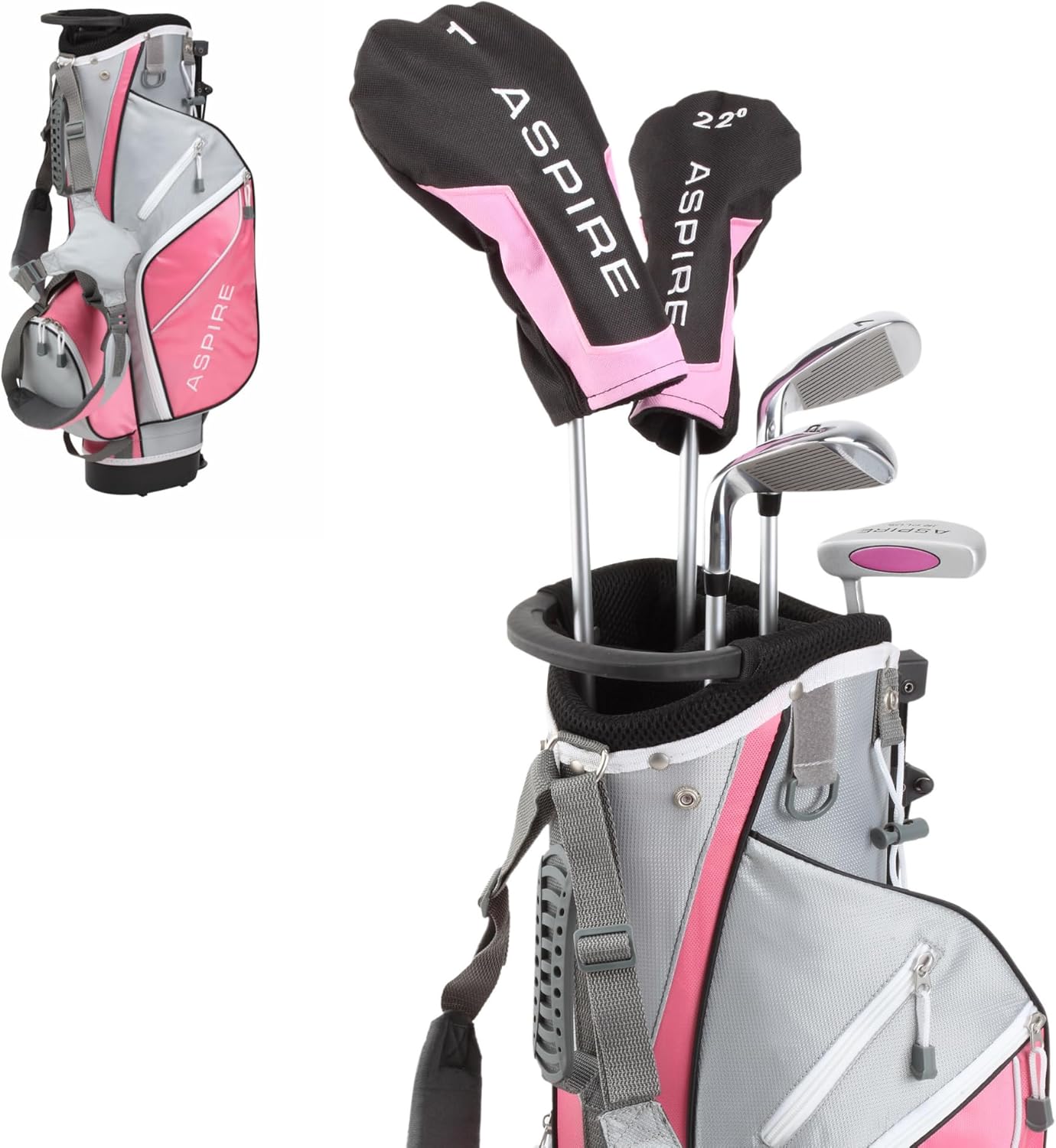 Aspire Junior Plus - Kids Complete Golf Club Set | Aircraft-Grade Aluminum, 15% Larger Clubhead, 7 Iron & Pitching Wedge, Progressive Flex Shafts, Rain Hood, 2 Headcovers