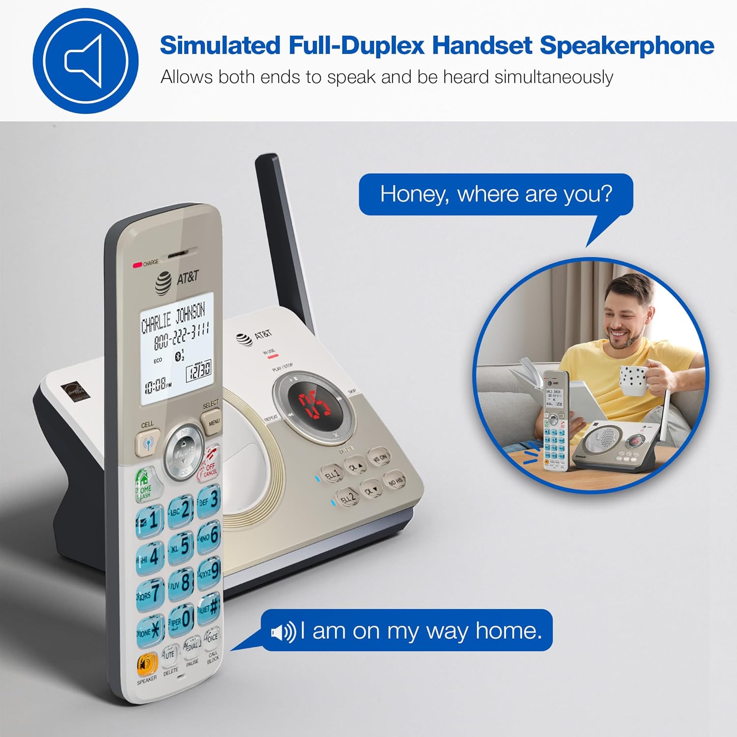 AT&T DL72219 DECT 6.0 2-Handset Cordless Phone for Home with Connect to Cell, Call Blocking, 1.8" Backlit Screen, Big Buttons, intercom