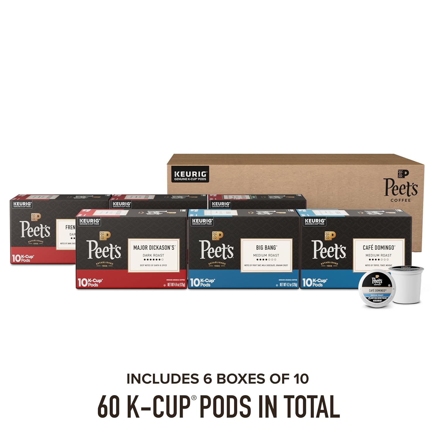Peet's Coffee, Medium Roast Keurig K-Cup Pods, 100% Arabica Coffee - Big Bang 60 Count (6 Boxes of 10 K-Cup Pods)