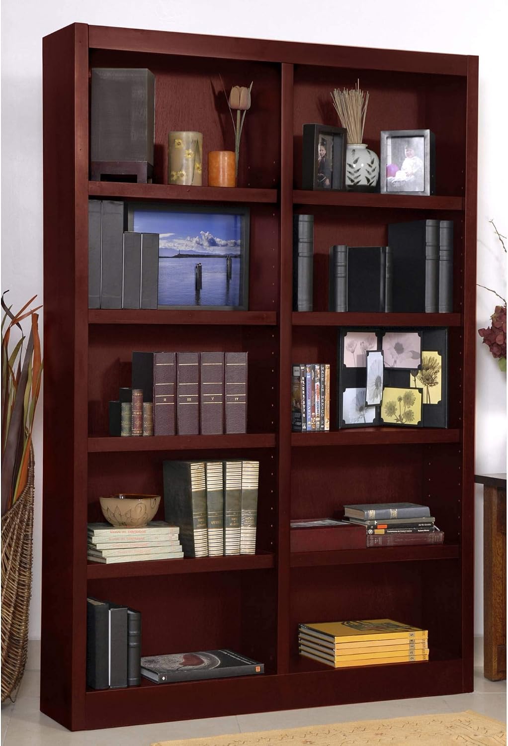 Concepts In Wood Traditional 72inches Tall 10-Shelf Double Wide Wood Bookcase, Cherry