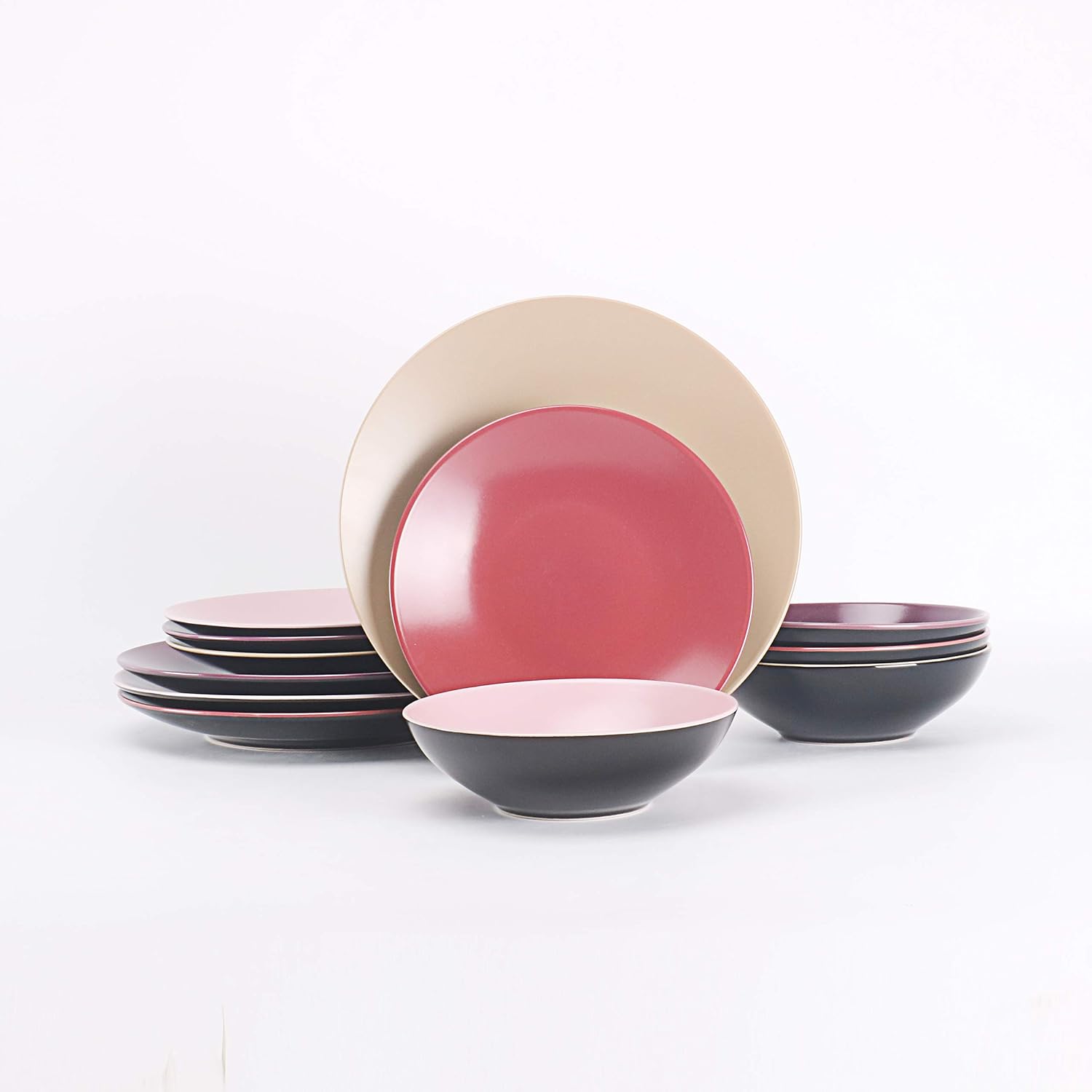 Stoneware Two-Tone Colors Life 16pc Dinner Set，Outside Shiny Black + Inside Matte Glaze Olive