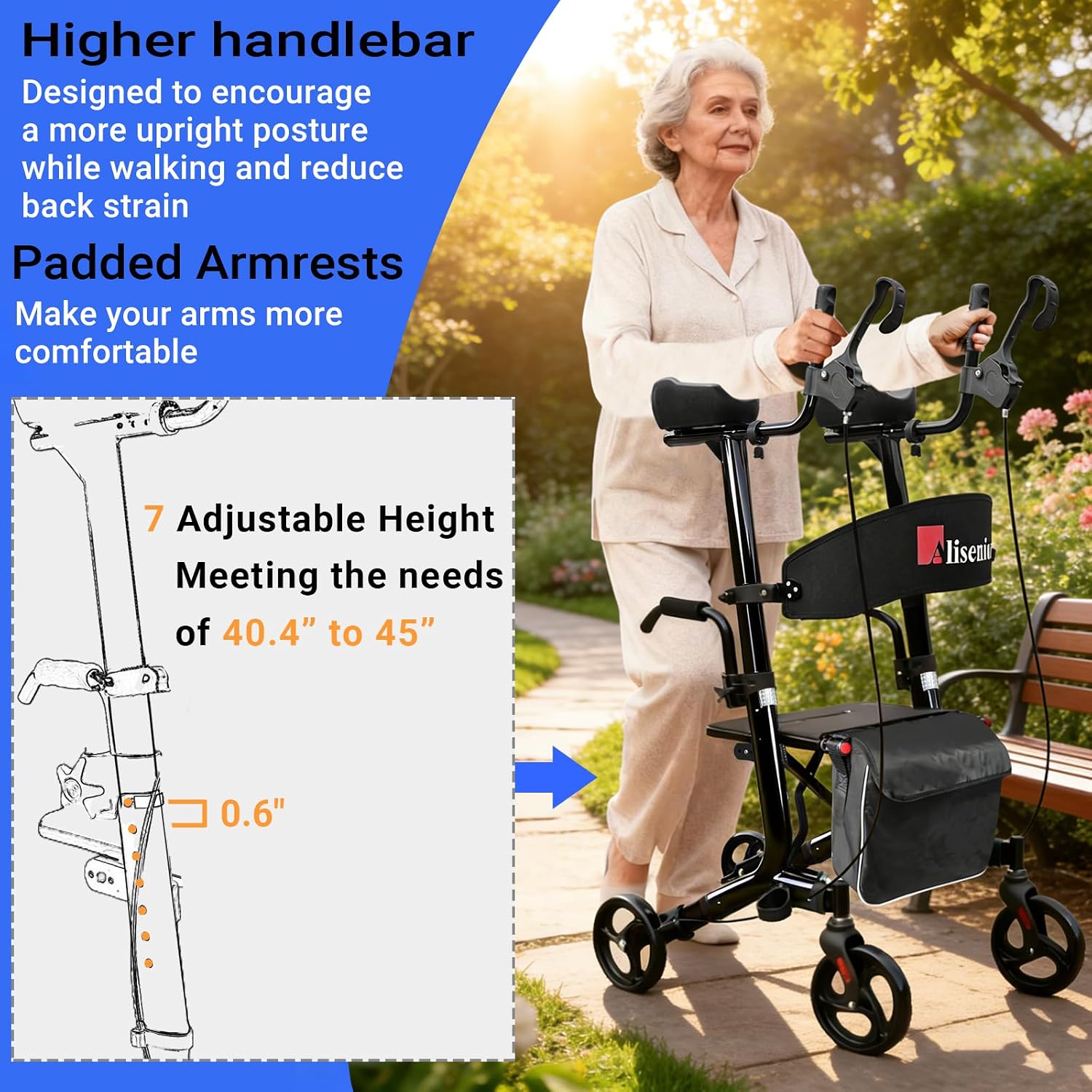 Aliseniors Upright Walker for Seniors - Big Stand Up Walker with Wide Seat, Foldable 4 Wheel All-Terrain Rolling Walker, Adjustable Armrests, 300lbs, Improves Posture & Reduces Back Strain | 20.6" Wide Seat, Foldable Rollator, 8" All-Terrain Wheels, Adju…