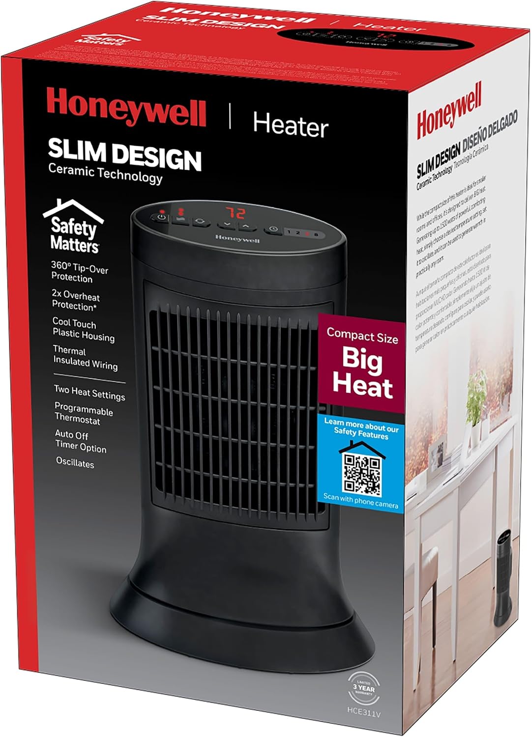 Honeywell Slim Ceramic Tower Heater, Small Room, Black – Easy to Use – Slim Space Heater with Two Heat Settings | Easy to Use – Slim Space Heater with Two Heat Settings