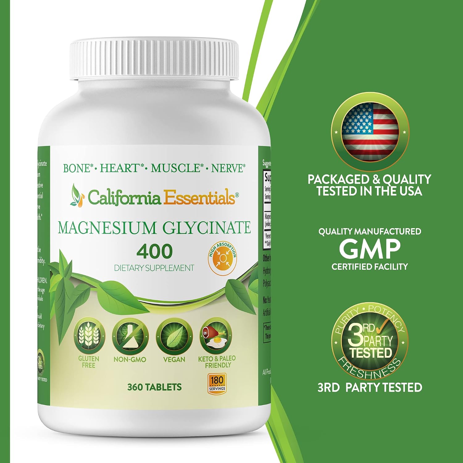 Magnesium Glycinate 400 - Chelated, High Absorption Magnesium for Muscle Relief, Bone & Heart Support -Vegan, Non-GMO, Gluten-Free 240 Tablets (Servings 120, Serving Size (2) 200mg Tablets)