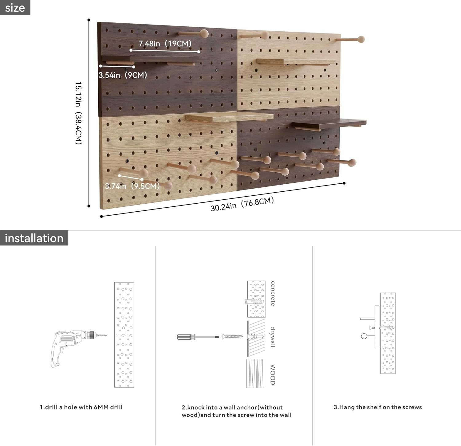 Wooden Pegboard Modular Display Organization Storage Wall Hooks Shelf(Color:Oak)
