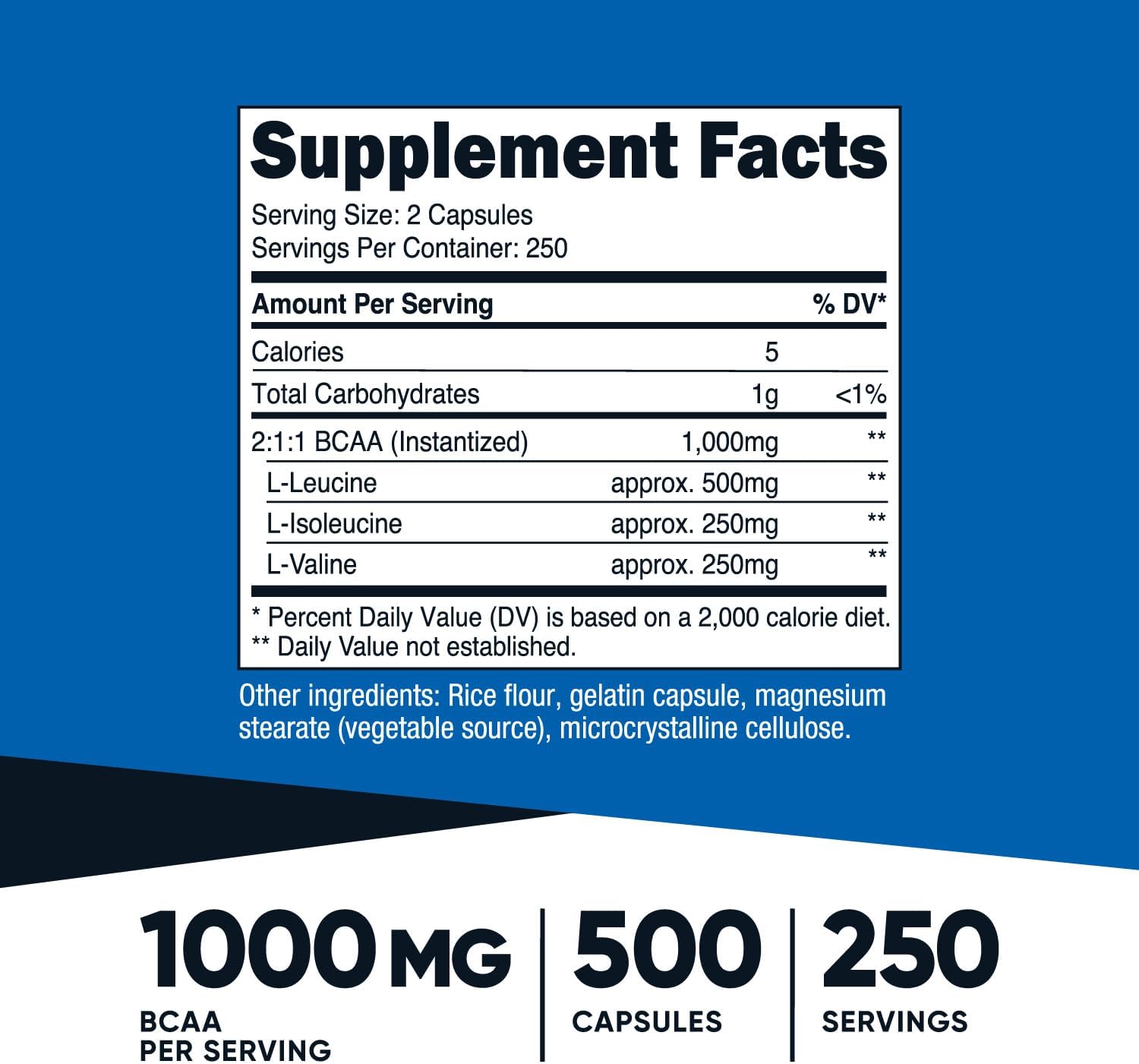 Nutricost BCAA 1000mg, 500 Capsules, 2:1:1 Branched Chain Amino Acids | 250 Servings, 500mg L-Leucine, 250mg L-Isoleucine, 250mg L-Valine