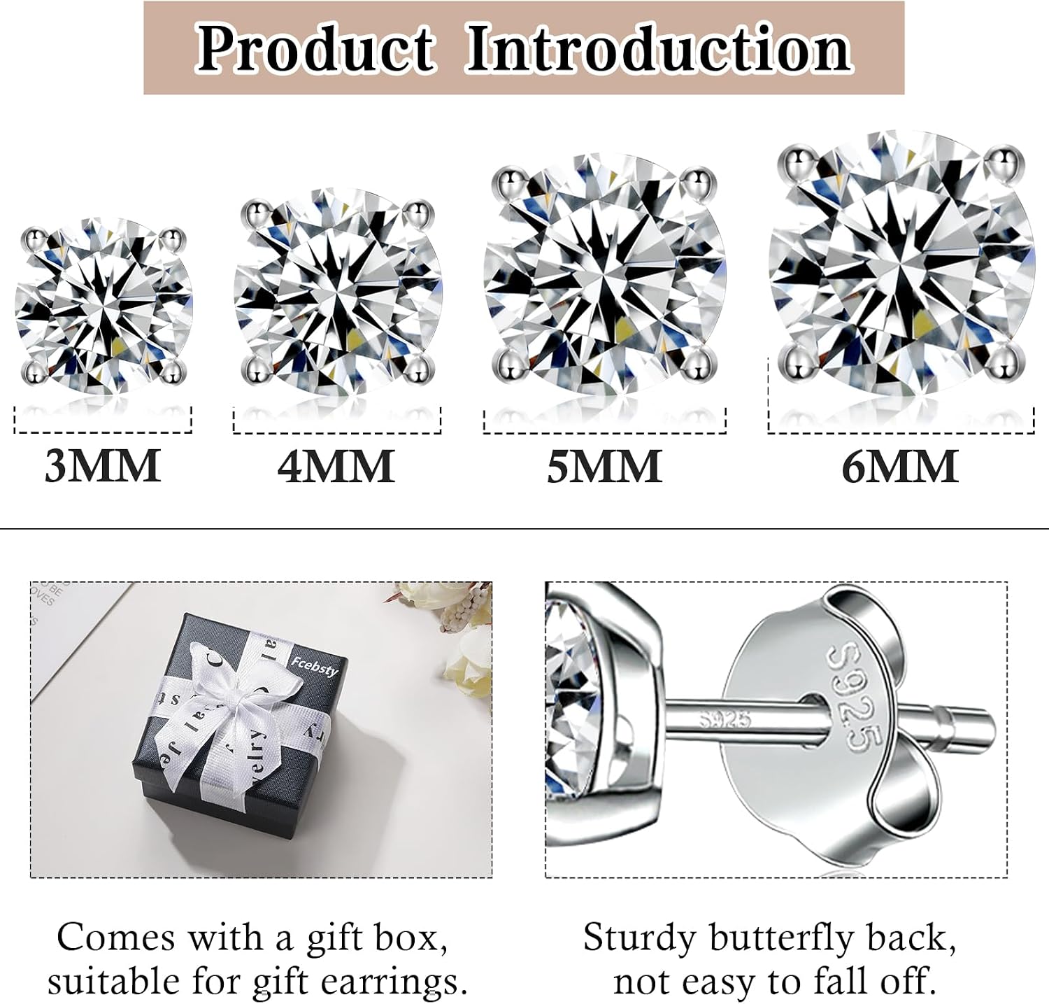 925 Sterling Silver Stud earrings Set | White Gold Plated Hypoallergenic Stud Earrings | Cubic Zirconia Stud Earrings for Women (2mm, 3mm, 4mm, 5mm