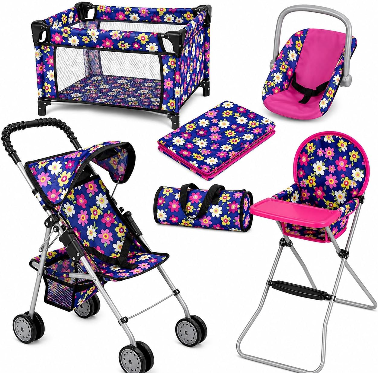 fash n kolor 4 Piece Baby Doll Play Set Flower Design Includes - Foldable Pack N Play, Baby Doll Stroller, Baby Doll High Chair, Infant Seat, Fits Up to 18'' Doll 4 Piece Doll Accessories Set