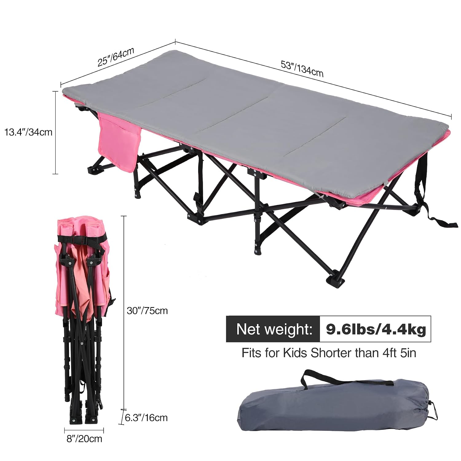 REDCAMP Extra Long Kids Cot for Camping 2-7 Years, Portable Travel Toddler Cot Bed with Carry Bag, Lightweight for Outdoor Indoor Home, Blue 53''x26''