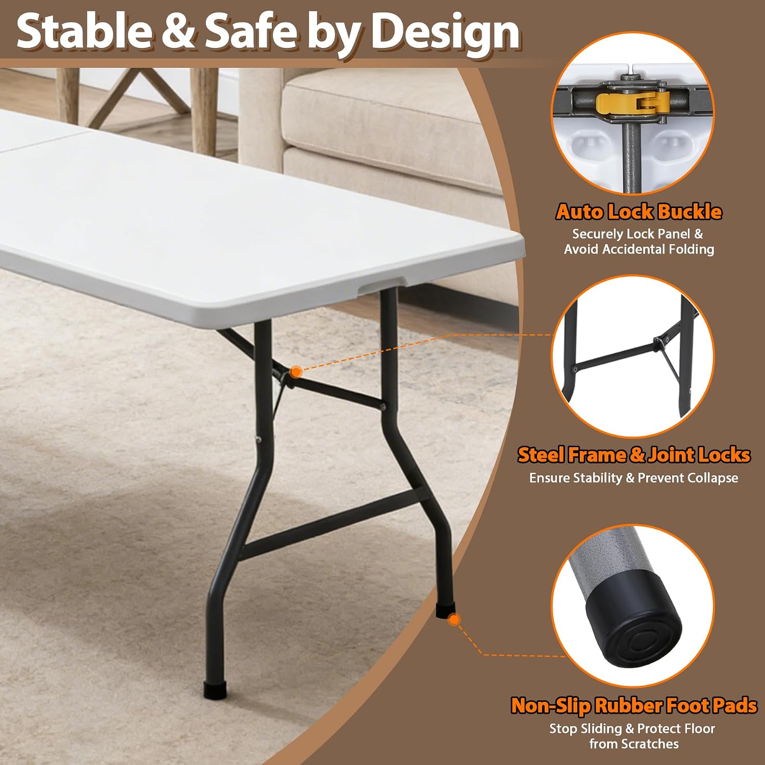 ZENY 6ft Folding Table, Portable Picnic Table, Plastic Table for Indoor Outdoor Picnic, Party, Camping, Heavy Duty Fold-up Table with Handle, White