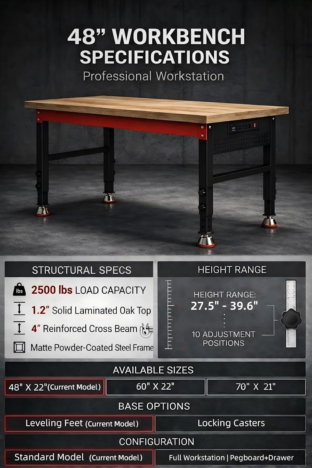 60" Heavy Duty Workbench, 2500 LBS Load Capacity Work Bench with 1.2" Laminated Oak Wood Top & Reinforced Steel Frame, Adjustable Height Work Table for Garage, Workshop, Office, Home (Casters)