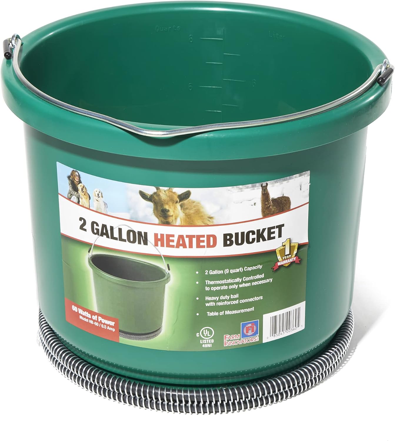 Farm Innovators Heated Water Bucket, 200W Heating Power - 16 Gallon Plastic Bucket with Replaceable Heating Element for Livestock Watering & Feeding | Thermostatically controlled to operate only when necessary, large 16-gallon capacity, anti-chew cord