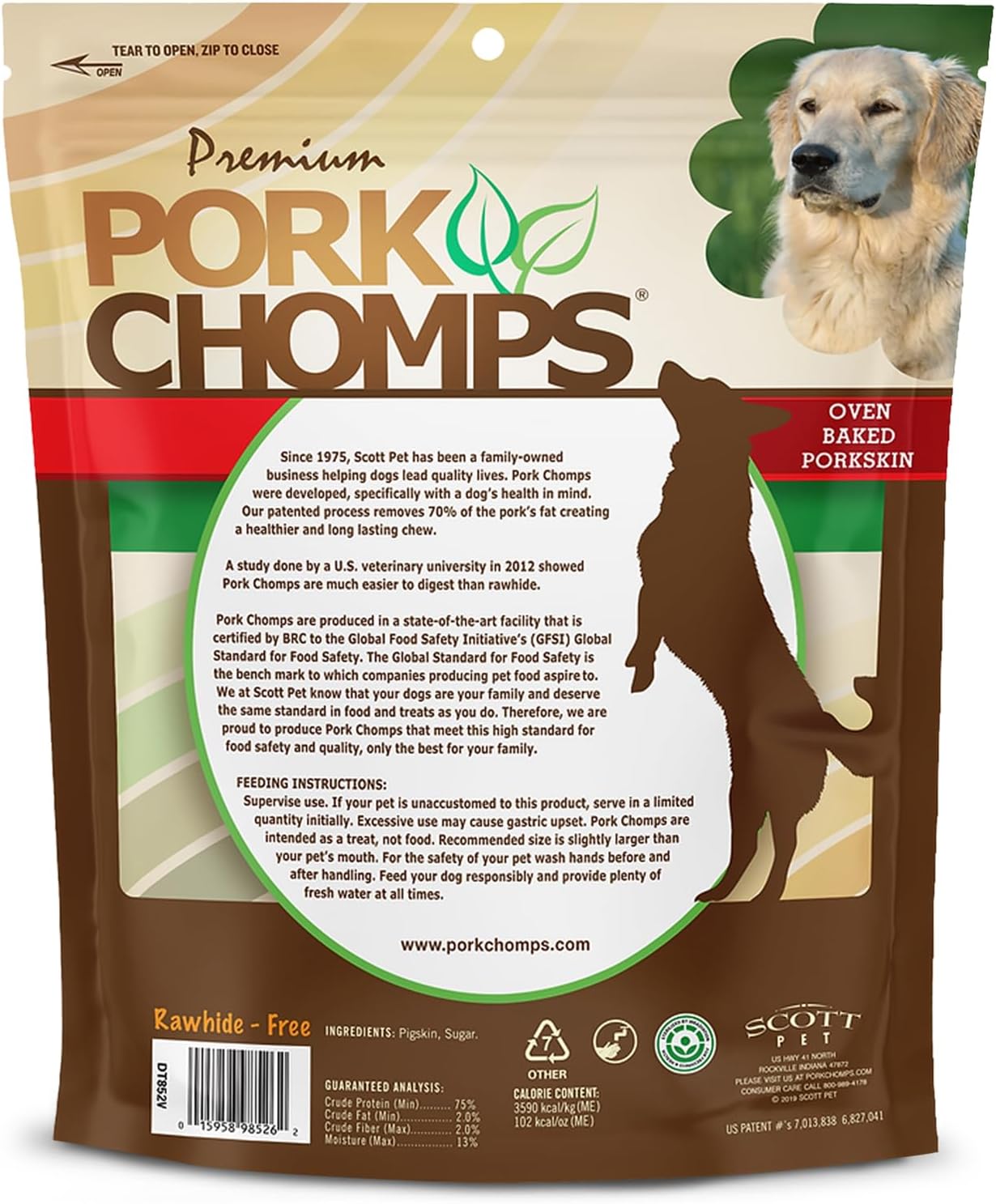 Pork Chomps Rawhide Free Pork Skin Dog Chews, Chicken Wrap, 8in Rolls, 2ct
