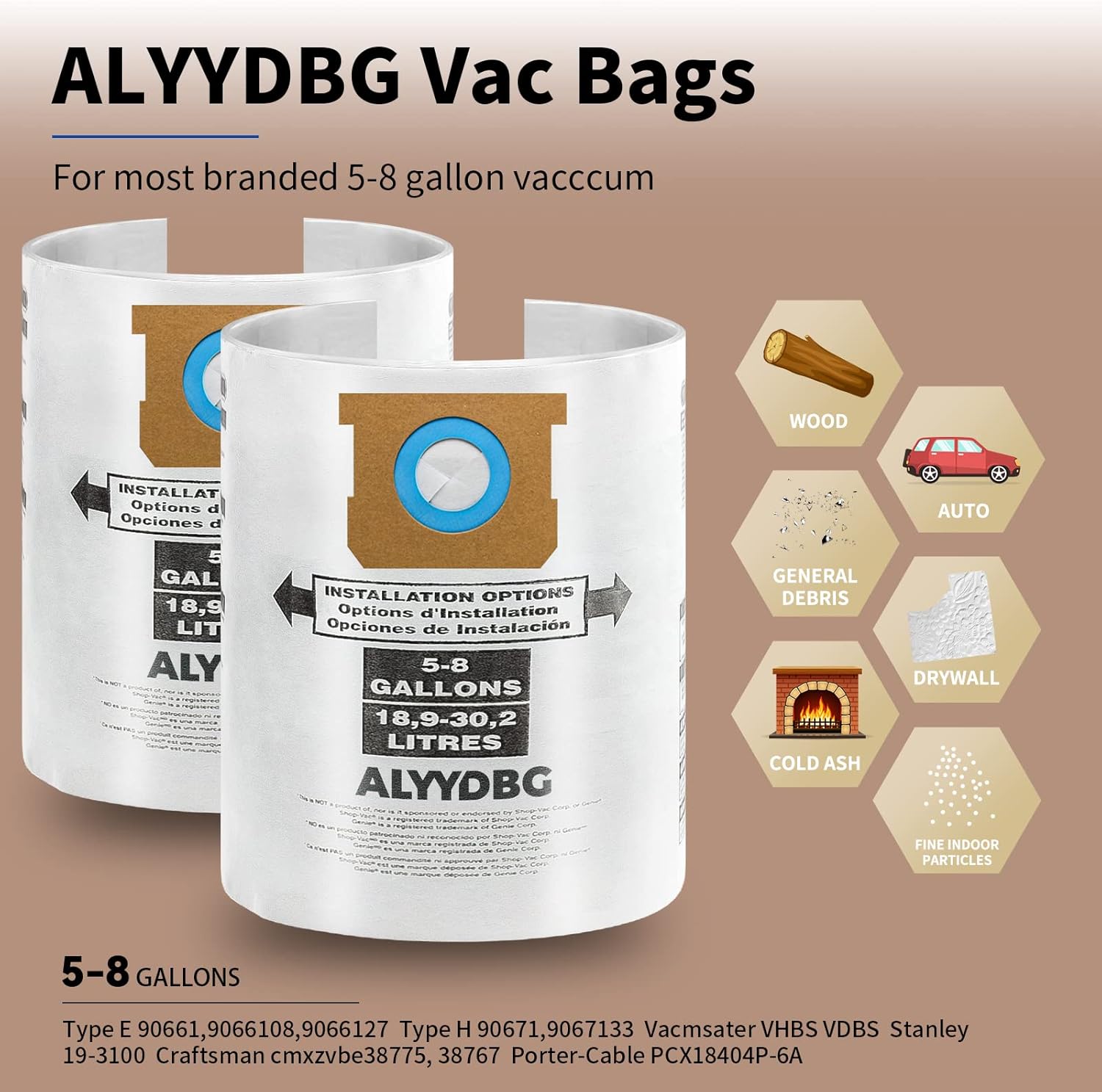 5 PCS Shop Vac Bags 5-8 Gallon Type E/H 90661 90671 Vac Bags by ALYYDBG