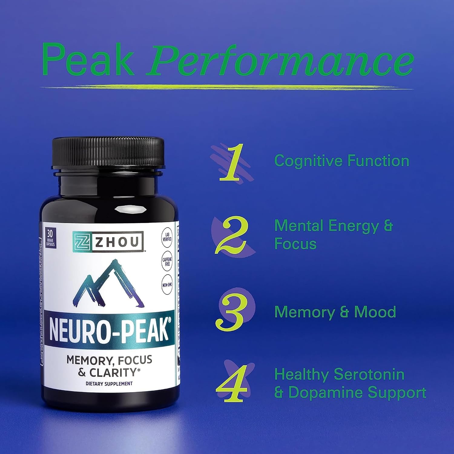 ZHOU Neuro-Peak - Brain Vitamins - 30 Veggie Capsules (Pack of 1) | Brain Supplements for Memory and Focus, Nootropic for Men & Women, Support Pill Adults