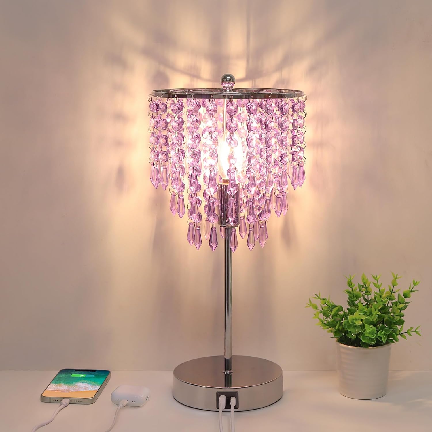 Touch Control Crystal Table Lamp with USB C+A Charging Ports, 3-Way Dimmable Bedside Touch Lamp Decorative Nightstand Lamp with Elegant Lampshade for Living Room Bedroom, B11 LED Bulb Included