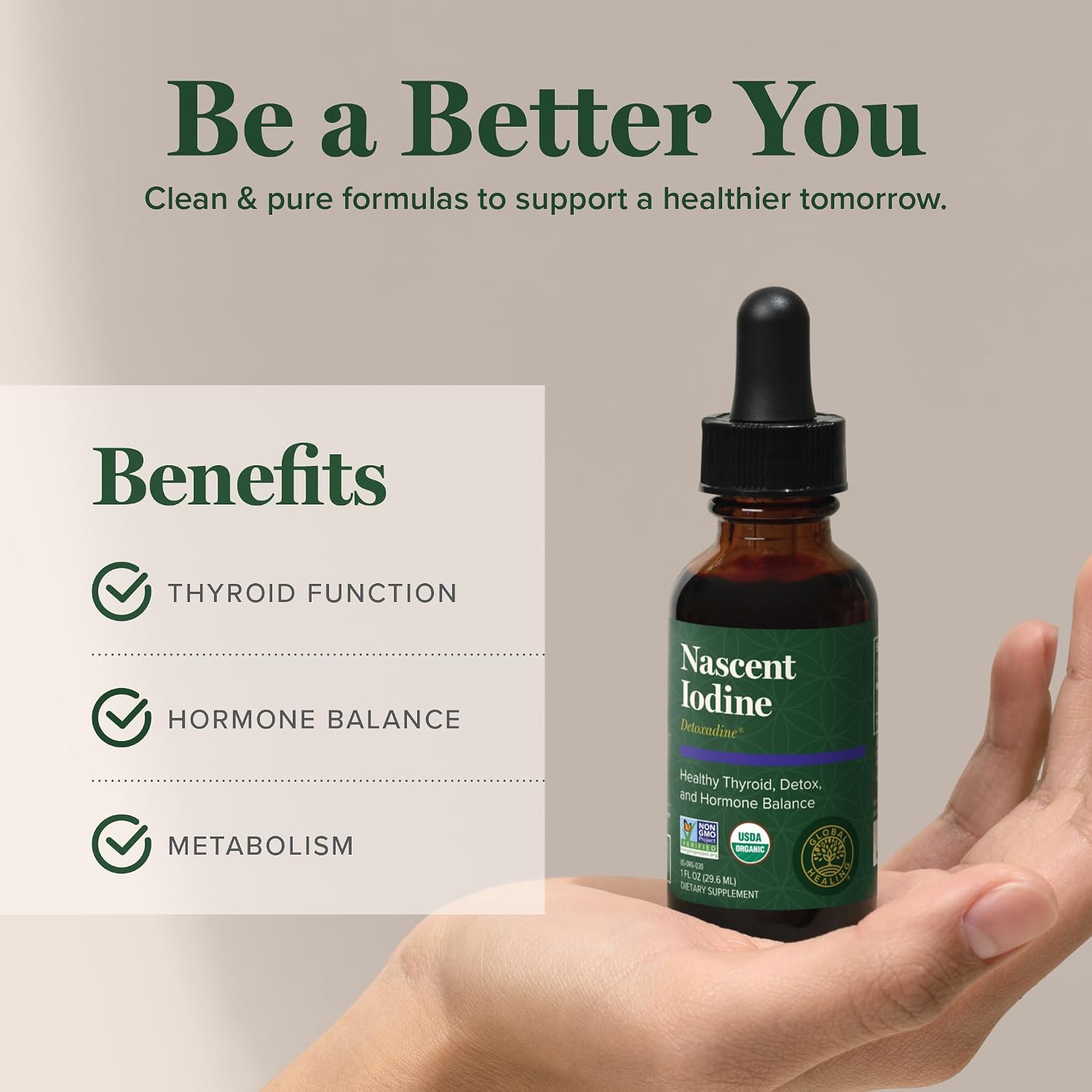 Global Healing Center - Detoxadine - Organic Nascent Liquid Iodine Supplement Drops for Thyroid Support, Detox Cleanse, and Metabolism - Non-GMO