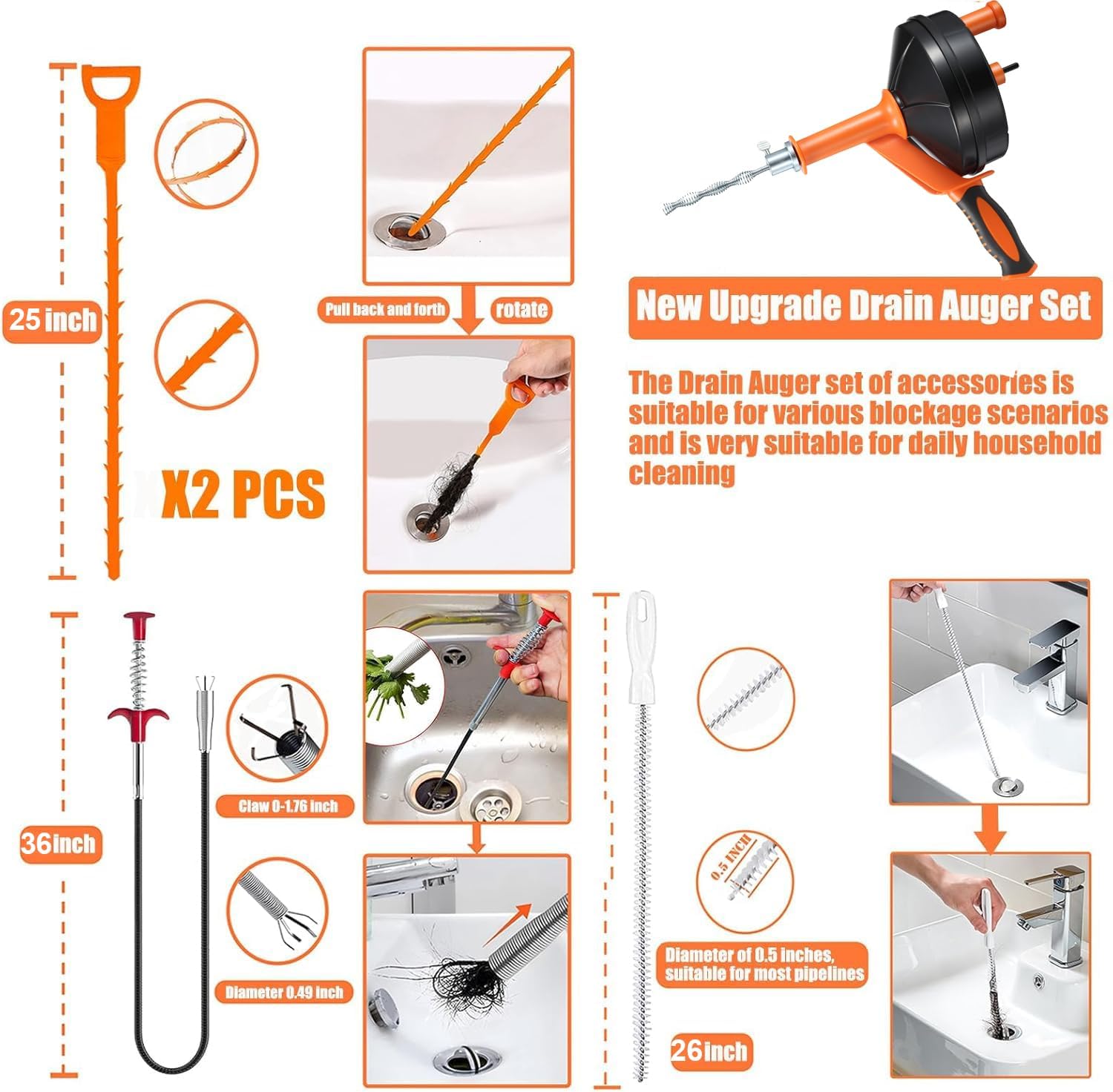 Drain Auger, 25 Feet Plumbing Snake Drain Clog Remover Tool 4-in-1 Set | Included Drain Clog Remover, Hair Clog Remover, Cleaning Brush, for Kitchen