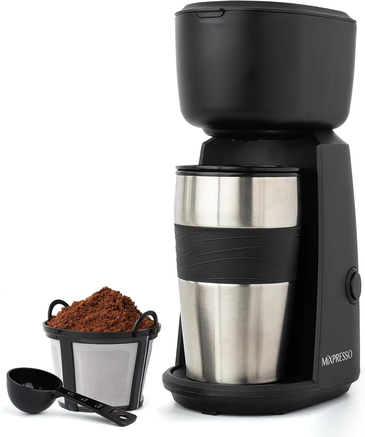 Mixpresso Single Serve & Single Cup Coffee Maker with 14oz Travel Mug Black | For ground coffee only, reusable filter, auto shut off. Compact personal drip coffee maker, not compatible with K-Cup pods.