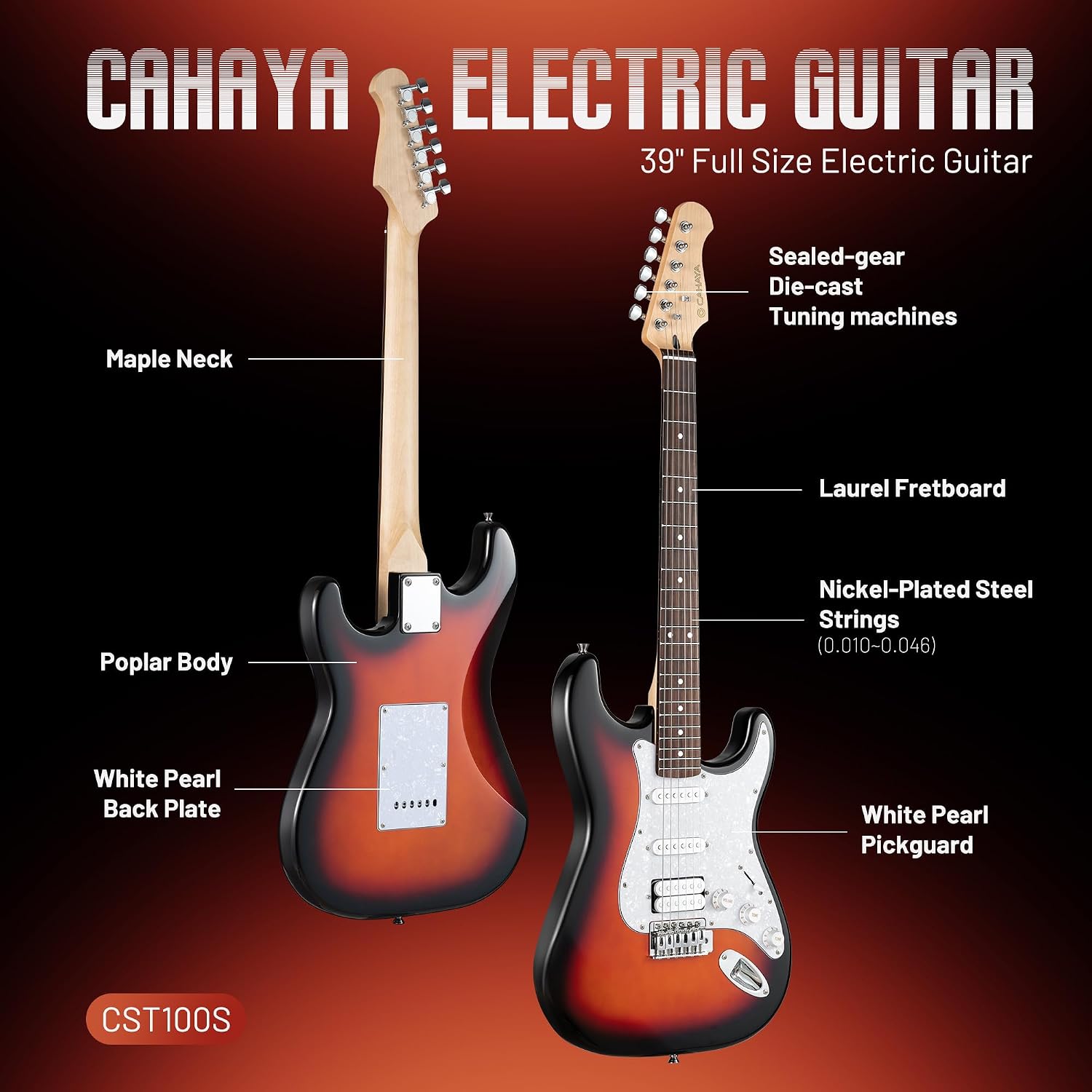 CAHAYA Electric Guitar Kit 39in - Full Size Electric Guitar Kit for Beginner Starter Poplar Solid Body with 10W Amplifier, Gig Bag, Strap, Tuner