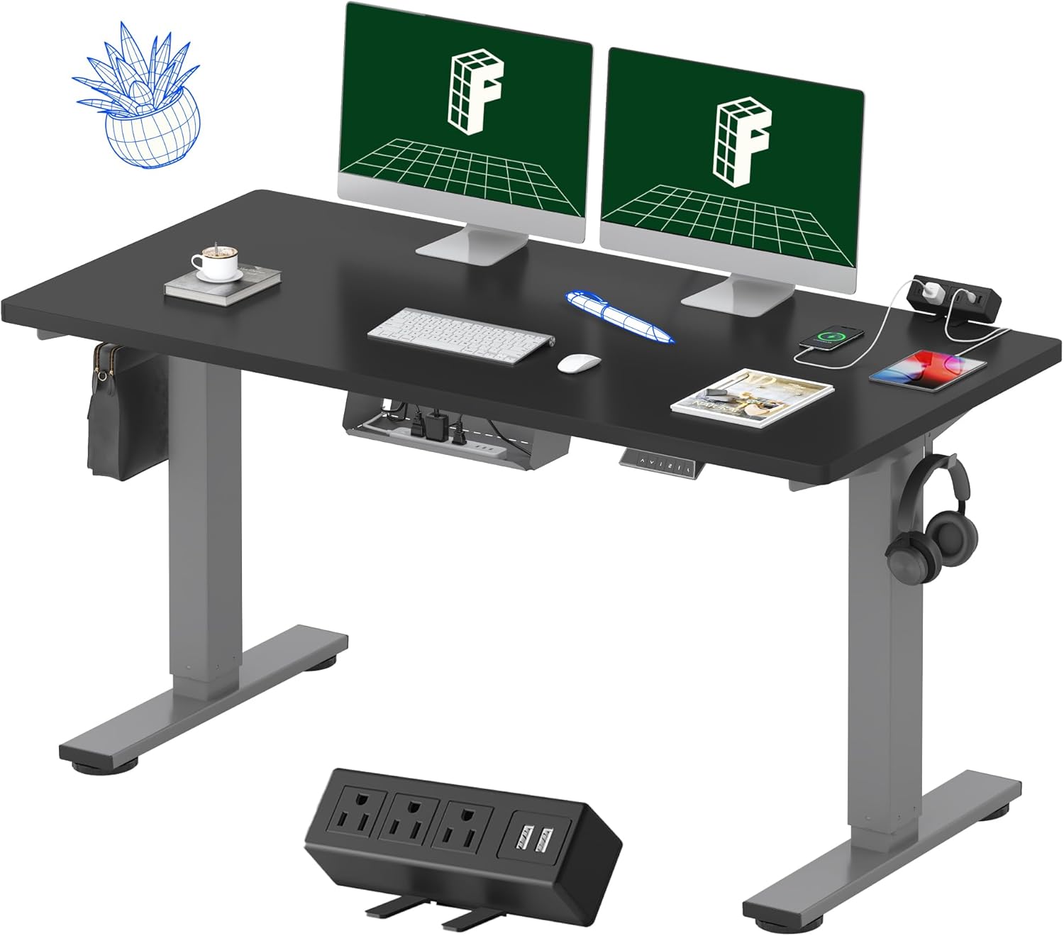 FLEXISPOT EN2 48"x24" Standing Desk with Power Strip Bundle, Black