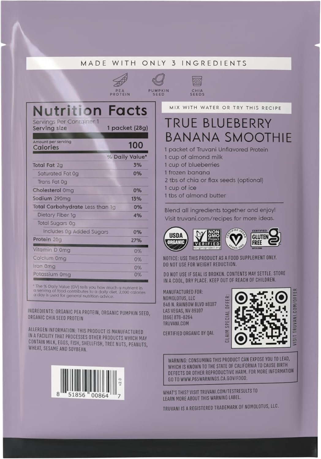 Truvani Organic Plant Based Protein Powder | Chocolate | 1 Serving