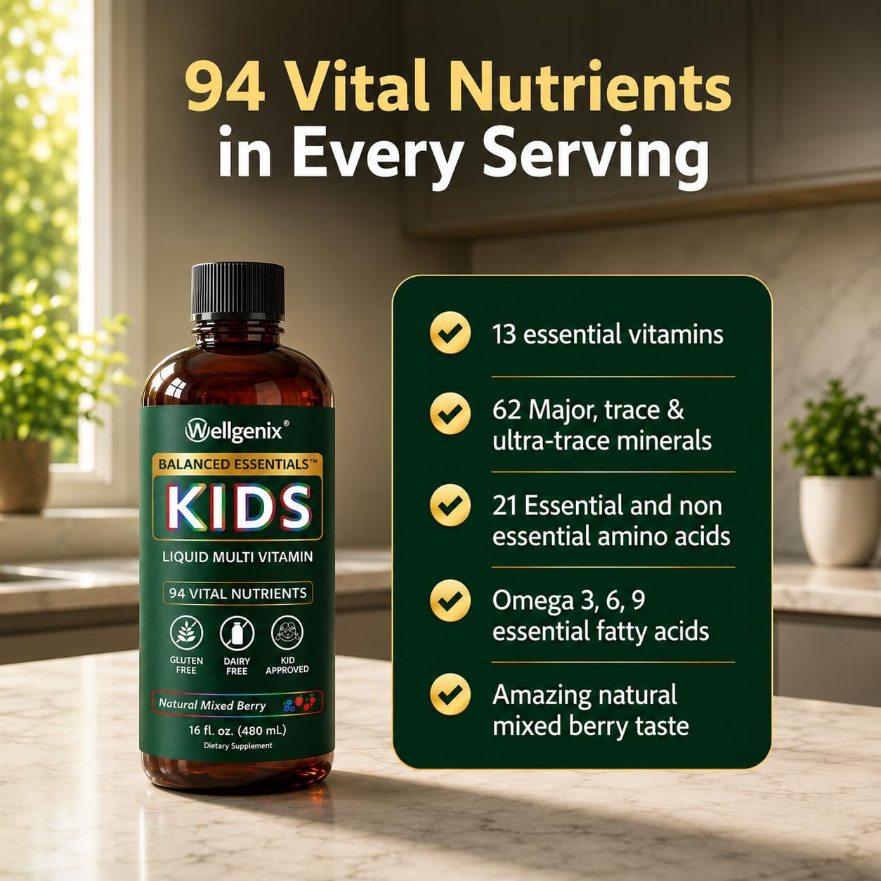 Wellgenix Balanced Essentials Kids Liquid Multivitamin, 16 Fl Oz