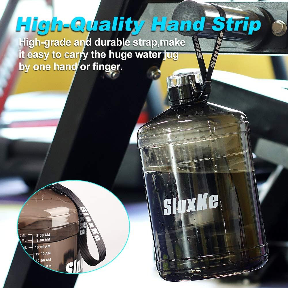 SLUXKE Gallon Big Water Bottle with Handle, 128oz Leakproof BPA Free Fitness Sports Water Bottle with Motivational Time Marker & Wide Mouth Ensure You Drink More Water