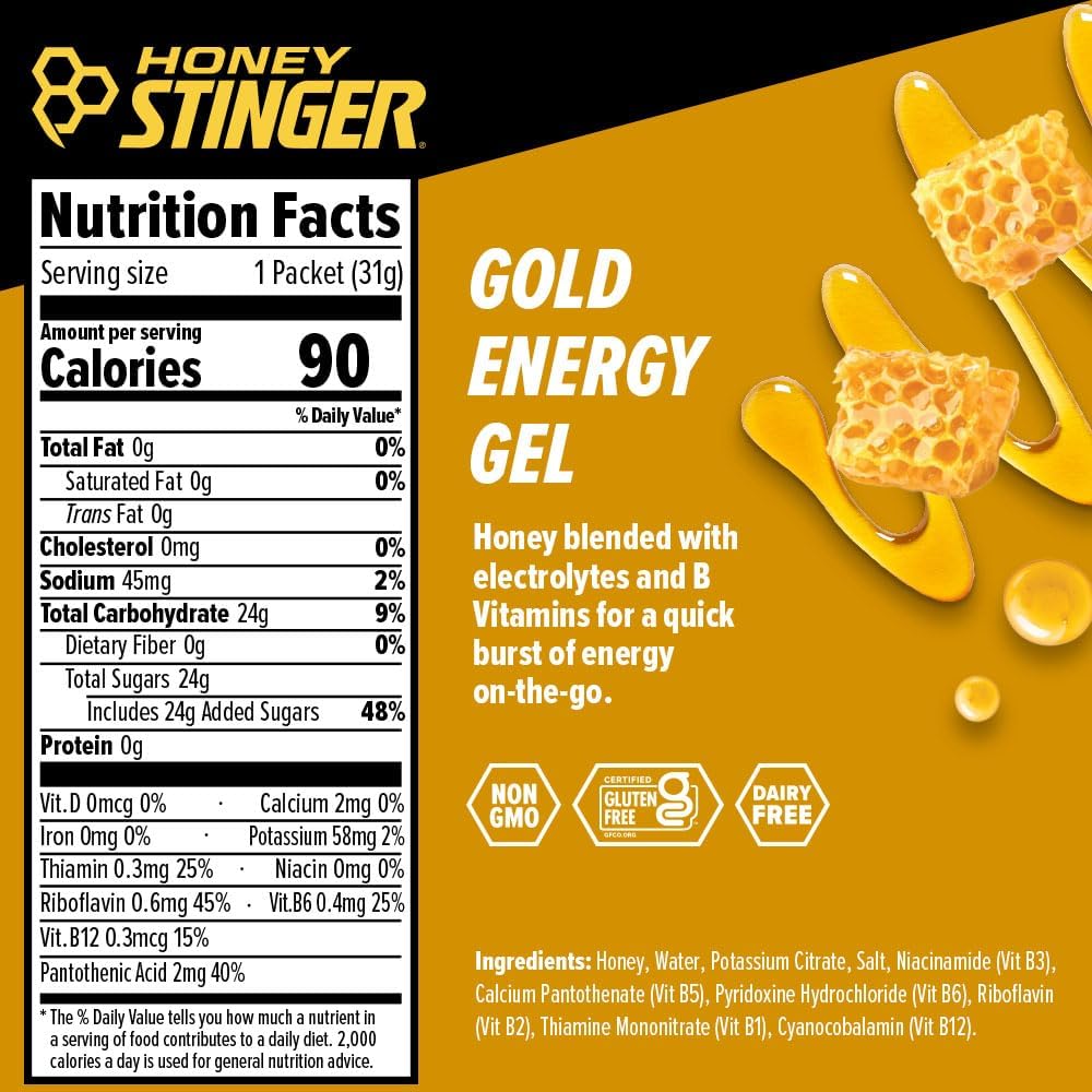 Honey Stinger Gold Energy Gel, Gluten Free & Caffeine Free, for Exercise, Running and Performance, Sports Nutrition for Home & Gym, Pre and Mid Workout, 24 Pack, 26.4 Ounce | sports-nutrition-endurance-and-energy-chews