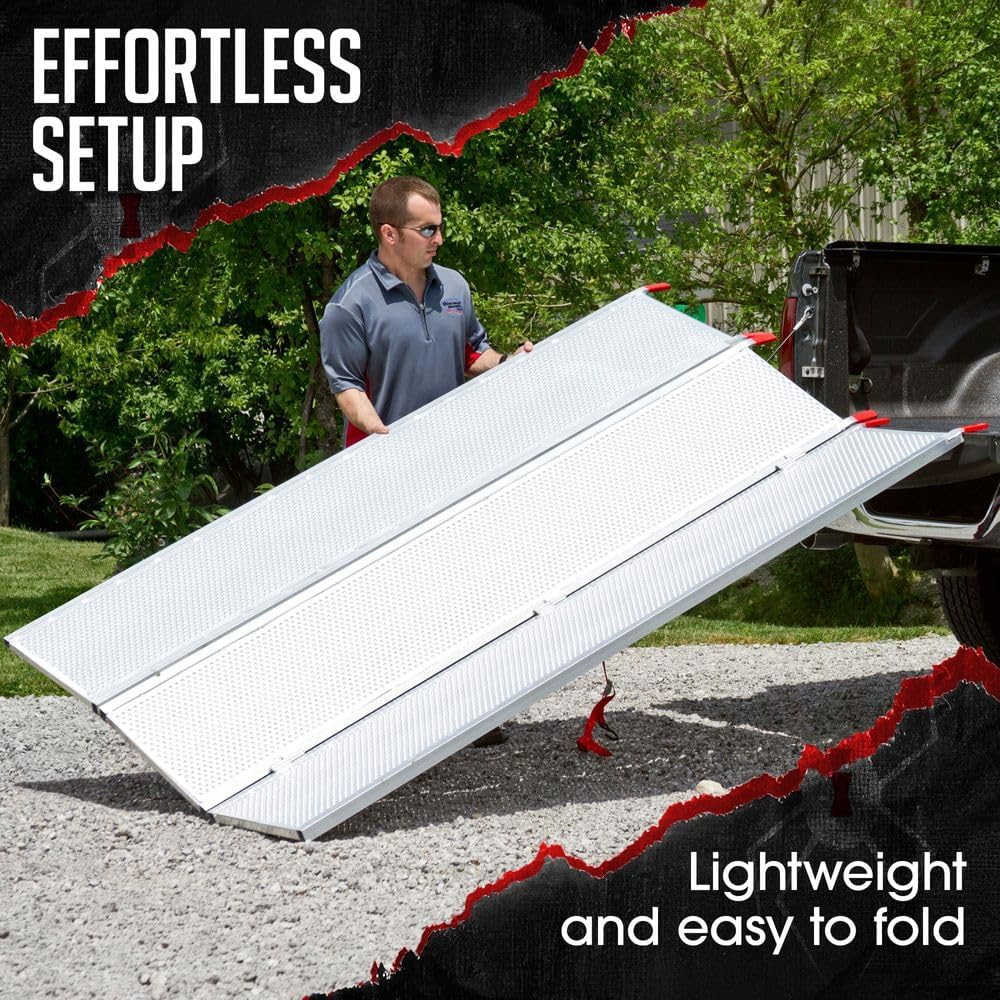 Black Widow 6ft 5in Aluminum Folding ATV Loading Ramp, 1500 lb Capacity | Load four-wheelers into trailer, folds into thirds for storage, safety straps included