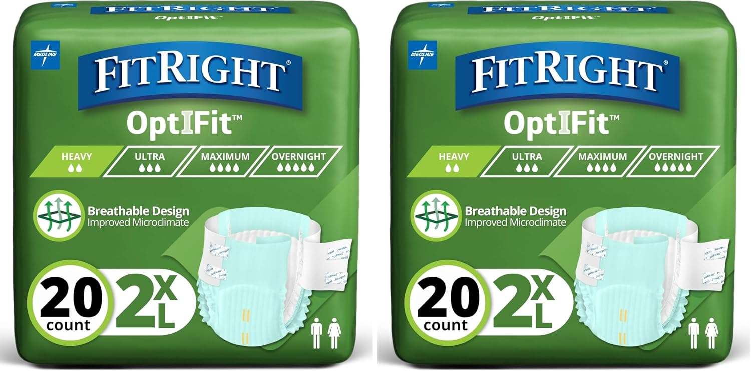 FitRight Adult Diapers, Extra Heavy Absorbency, XL (Waist Size 56in-64in), 80 Count, OptiFit Incontinence Briefs for Men and Women, Disposable, Moisture Wicking, Leak Protection,