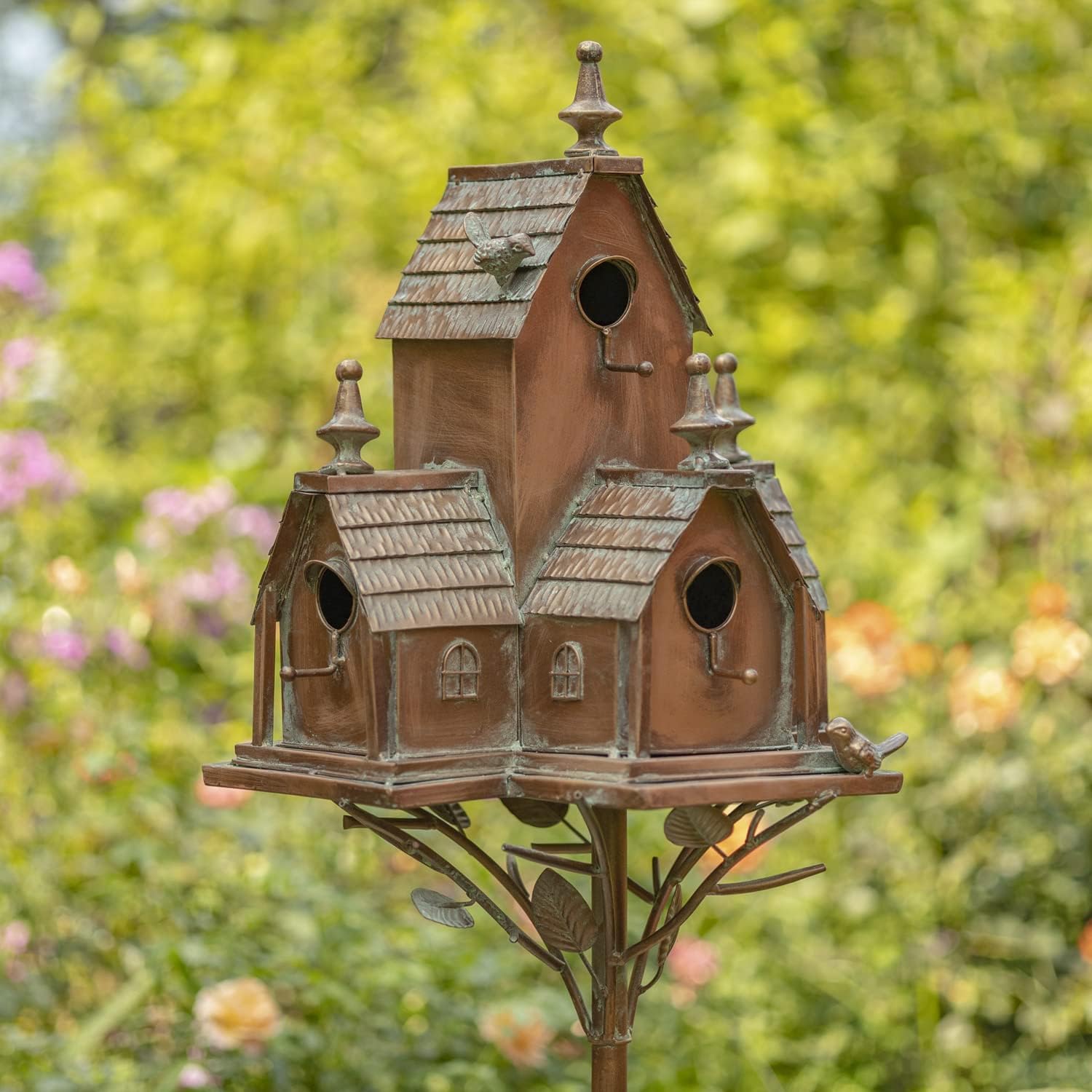 Large Copper Colored Multi-Birdhouse Stakes, Room for 4 Bird Families in Each (Cube Homes with Pyramid Roofs)