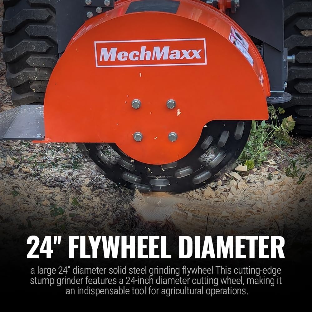 MechMaxx Heavy Duty 3-Point PTO Powered Stump Root Grinder For 15-45HP Tractors With 34 Carbide Teeth, 6'' Cutting Depth, 24'' Flywheel Diameter, Model SG24 Orange