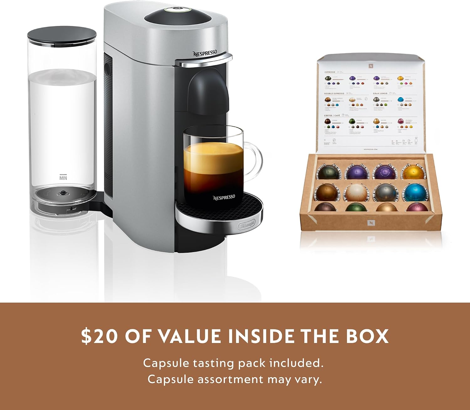 Nespresso Vertuo Plus Coffee & Espresso Maker by De'Longhi, Silver | Titan coffee machine. Brews 4 cup sizes: 5 and 8 oz. coffee