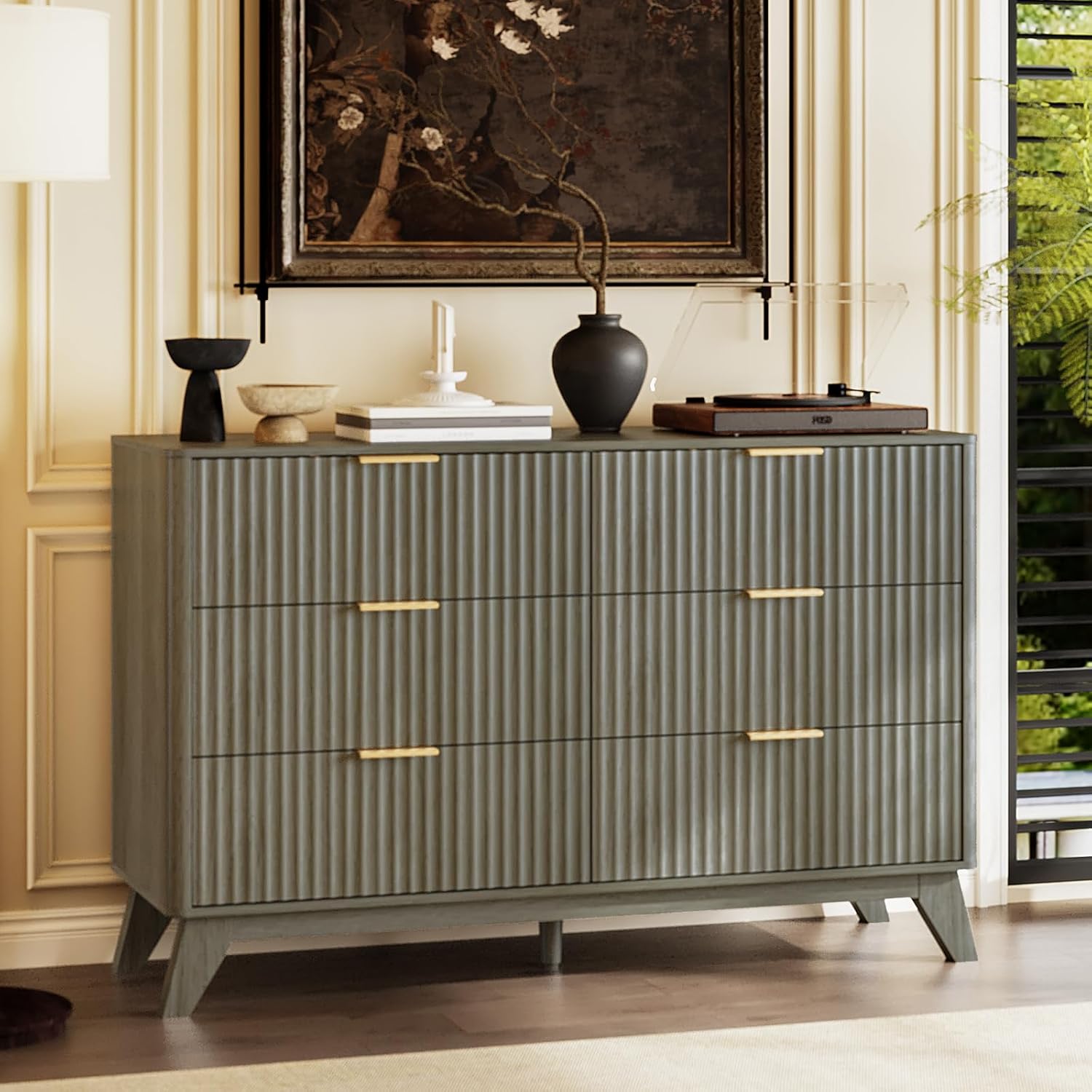 VINGLI Fluted Tall Dresser 5 Drawer, 23.66" W Chest of Drawers Gray Wood Dresser with Rounded Edges, Grey Dressers for Bedroom