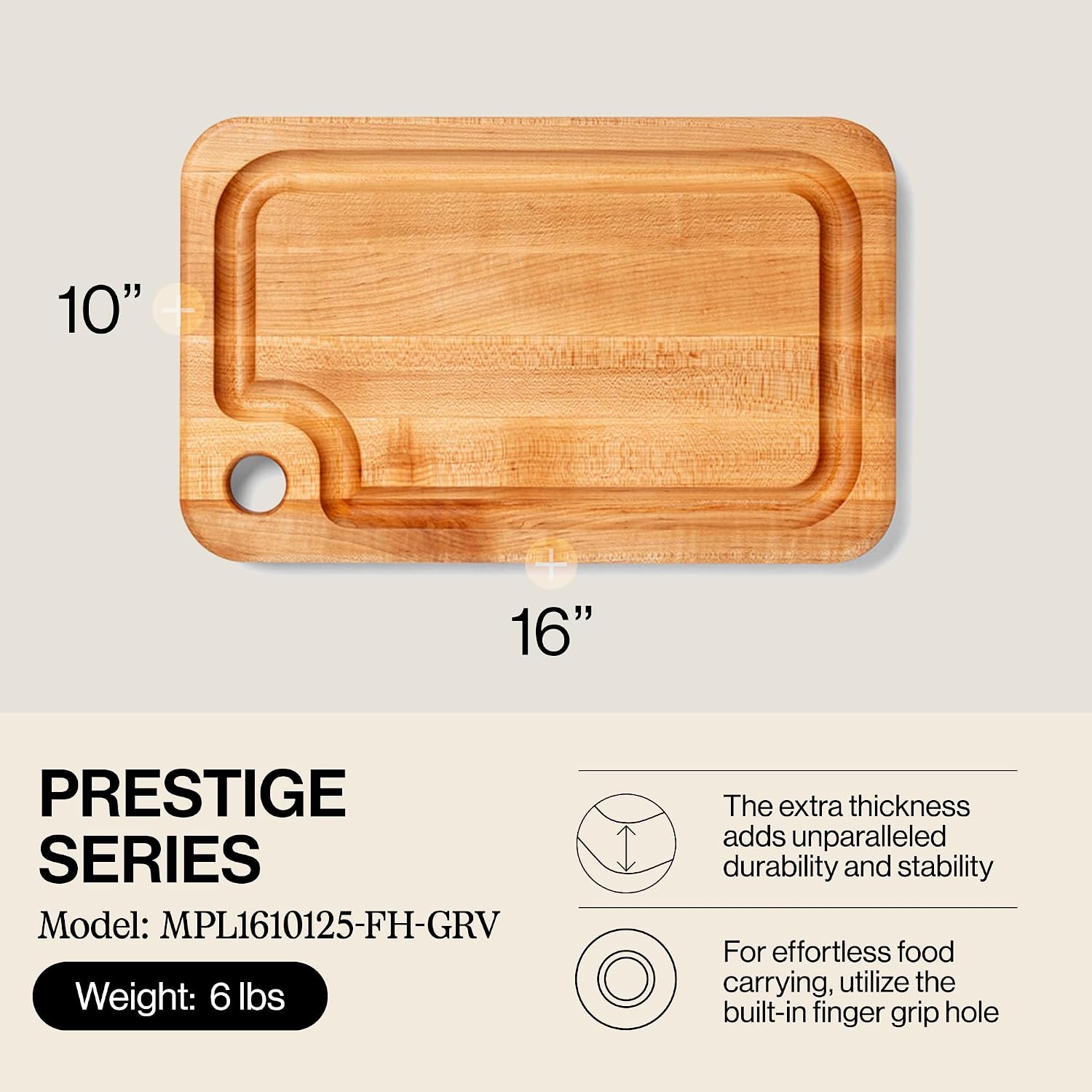 John Boos Prestige Series Rectangular Wooden Maple Cutting Board 16”x10” – 1.25” Thick, 6-lb Reversible Butcher Block with Juice Groove, Edge-Grain & Finger Grip Hole – Made in the USA | 1.25” Thick, 6-lb Butcher Block with Juice Groove, Edge-Grain & Fin…