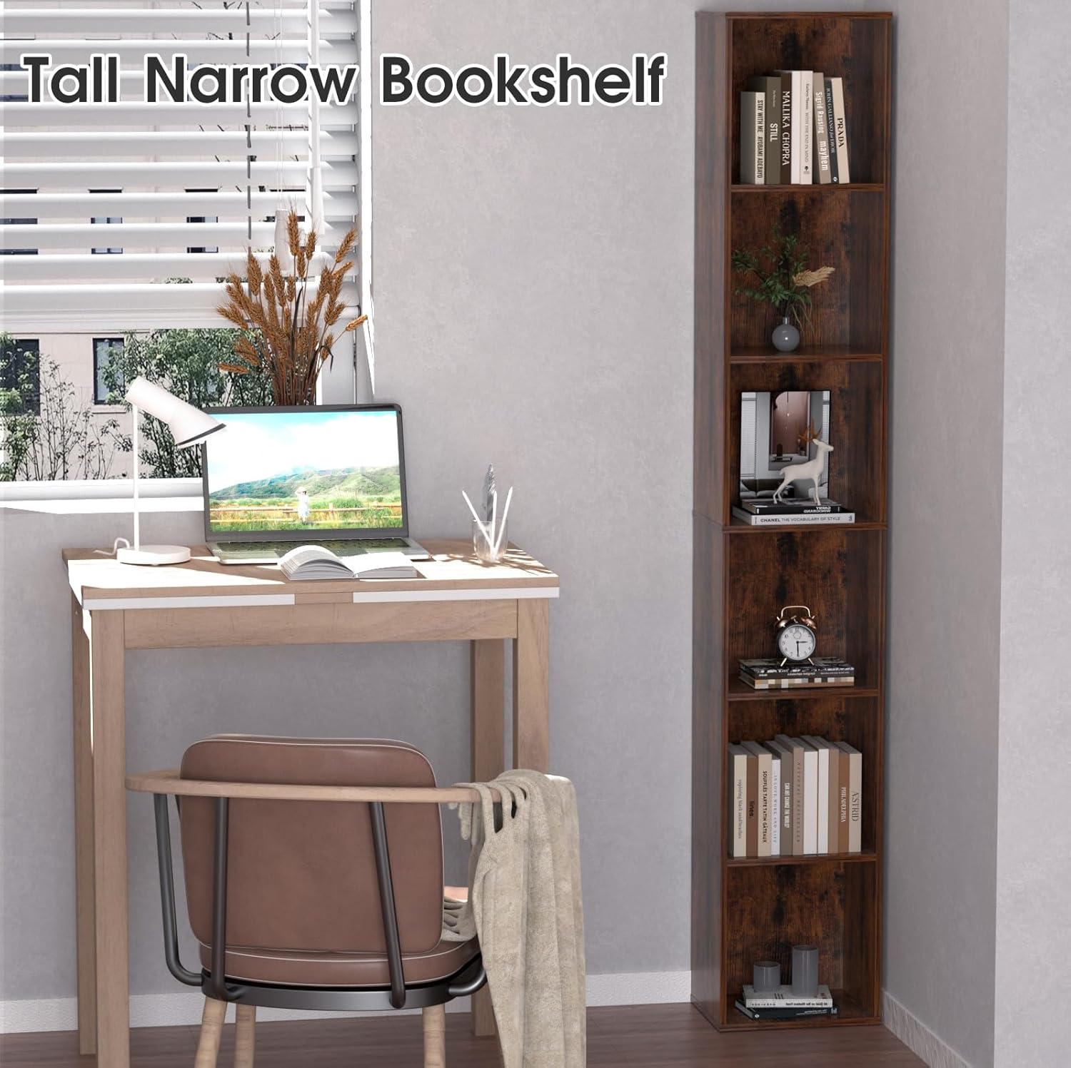 6-Tier Tall Narrow Bookshelf, 70.5" Skinny Thin Bookcase, Brown | Corner Shelf Slim Storage Cabinet