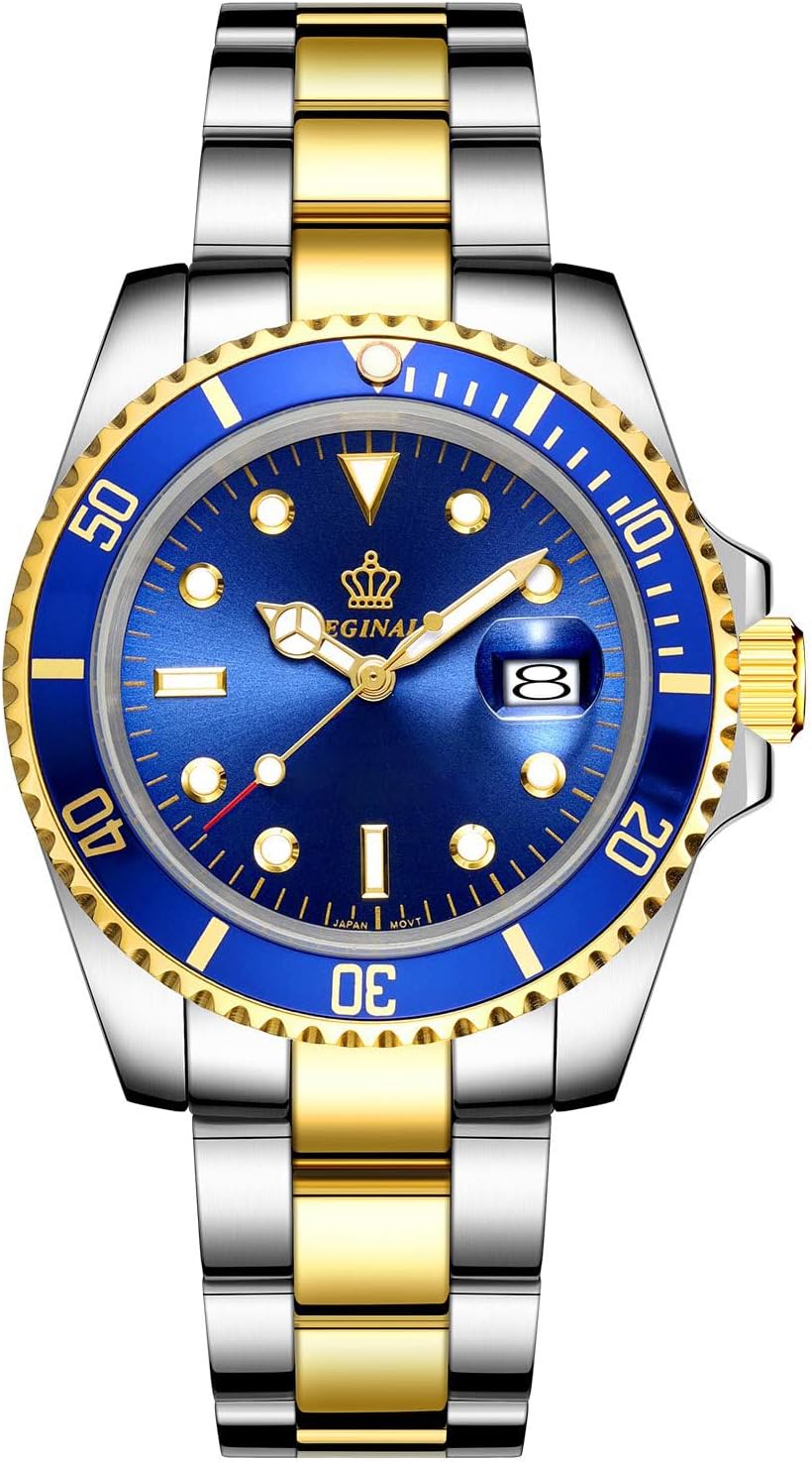 FANMIS Men's Two-Tone Stainless Steel Quartz Watch, Rotating Bezel and Date | Green Dial, Luminous Hands and Markers, Magnified Date Window, Fold-Over Safety Clasp, 30M Water Resistant for Everyday Wear.