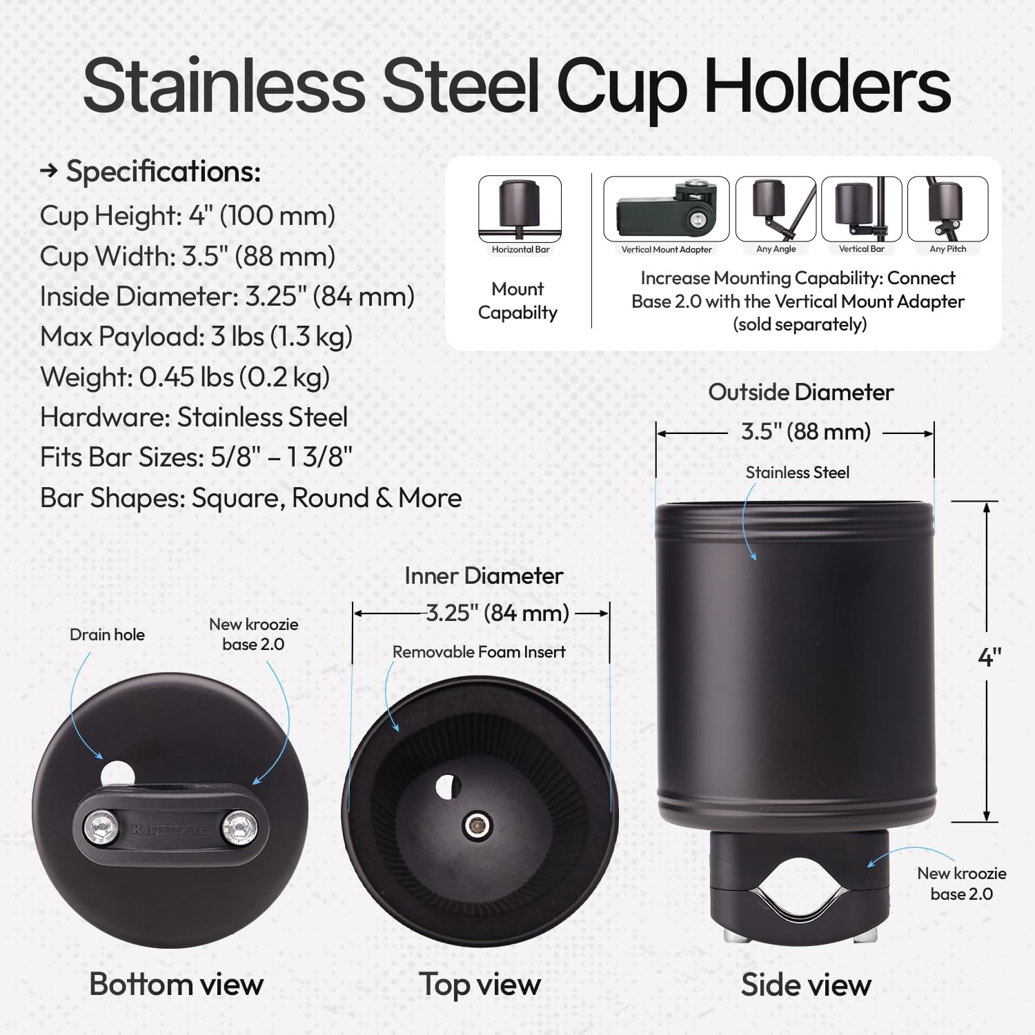 Kroozie 2.0 Bicycle Cup Holder - The Ultimate Bike Cup Holder for Beach Cruisers, E-Bikes, Scooters, Strollers – A premium stainless steel handlebar drink holder that lasts